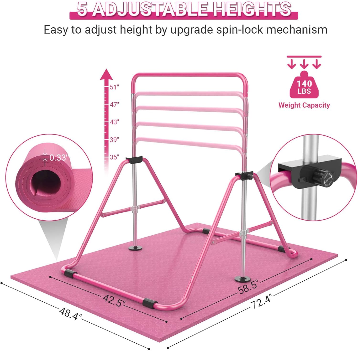 SUNDAY MIRTH Foldable Gymnastics Bar, 5-Height Adjustable Gymnastic Bars for at ,Robust & for Indoor/Outdoor Using,Weight Limit 140LBS SUNDAY MIRTH Foldable Gymnastics Bar, 5-Height Adjustable Gymnastic Bars for at ,Robust & for Indoor/Outdoor Using,Weight Limit 140LBS