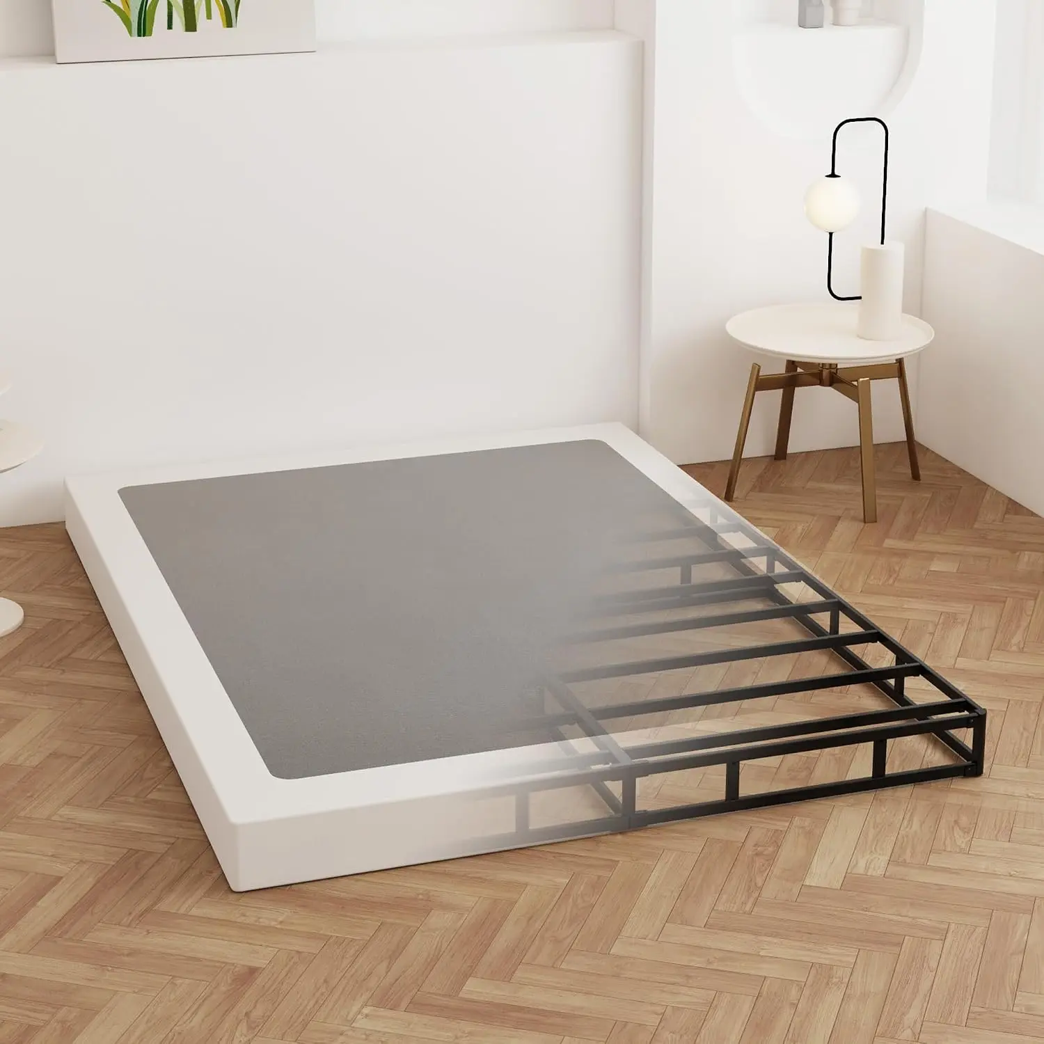 Cal  Box Spring 4 Inch Low Profile, Heavy Duty Metal Box Spring Bed Base with Fabric Cover, Mattress Foundation, Easy Assembly, Noise Free, Black