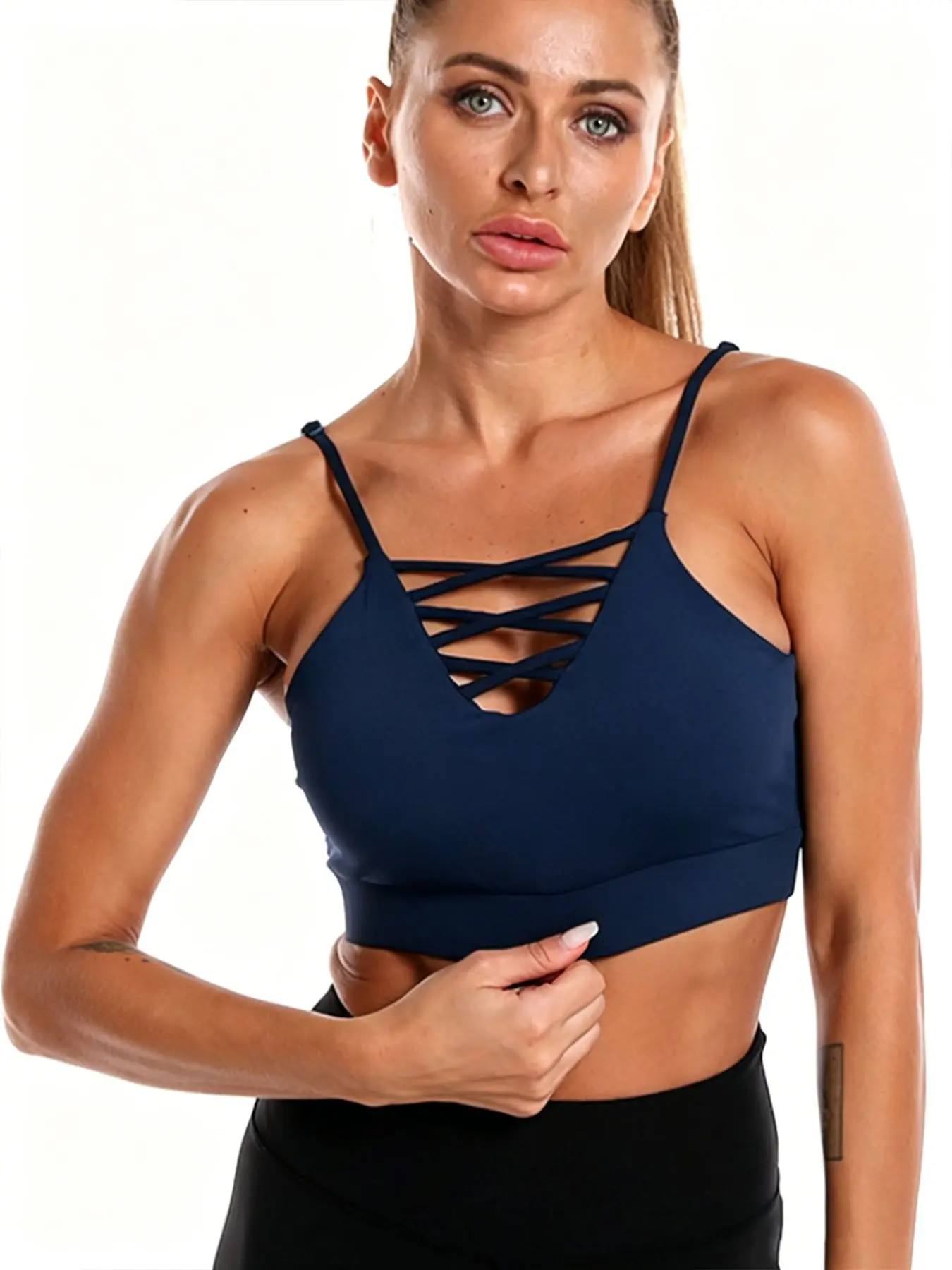 Trendy Thin Strappy Short Sport Bra, Front Cross Tie Hollow Design, Yoga Pilates Fitness Cycling Daily Wear, Summer Activewear