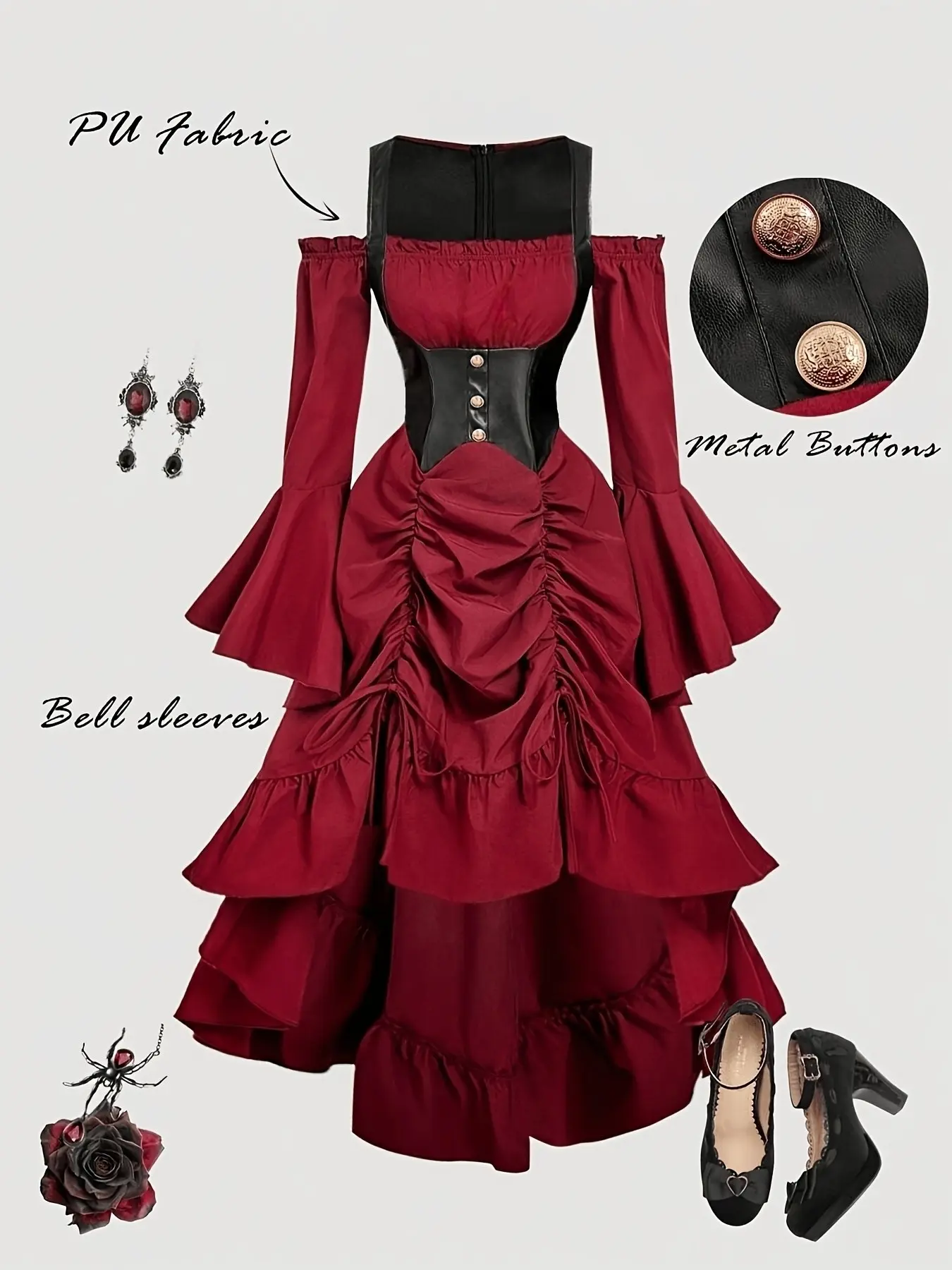 Women's Gothic Vintage PU Dress, Bell Sleeve Ruffle Dress, Baroque Style, Party, Birthday, Ball Gown, Cruise, Festival Wear
