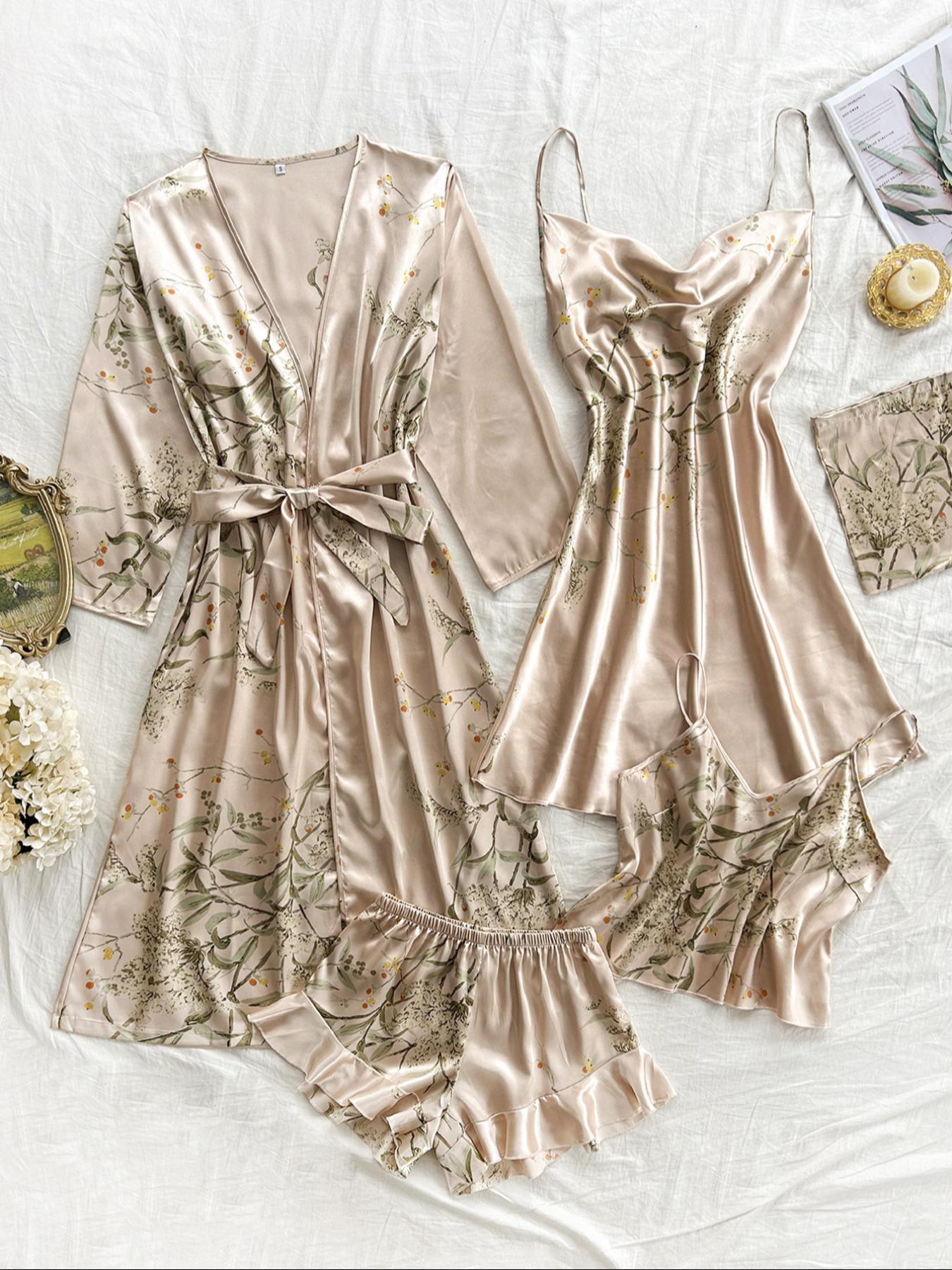 Women's Floral Plant Print Satin Pajama Set (Pjs) with Belted Robe, Cowl Neck Cami Nightdress, Backless Cami Top, Elastic Waist Shorts & Storage Bag, Casual Comfortable Women's Sleepwear & Loungewear Camisole Sets Lingerie Women's Floral Plant Print Satin Pajama Set (Pjs) with Belted Robe, Cowl Neck Cami Nightdress, Backless Cami Top, Elastic Waist Shorts & Storage Bag, Casual Comfortable Women's Sleepwear & Loungewear Camisole Sets Lingerie