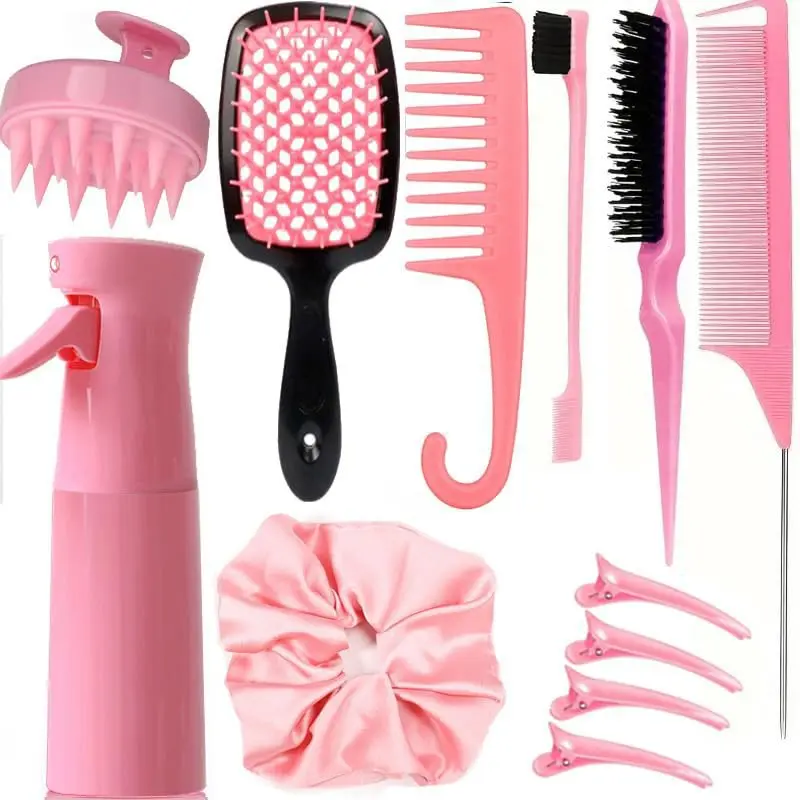 12 Pcs Hair Brush Set With Hair Spray Bottle For Girls, Women, Detangling Brush For Wet Dry Curly Hair, Edge Bristles Wide Tooth Rat Tail Combs for  Girls