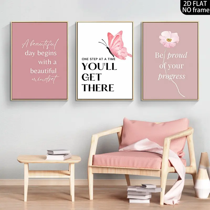 3-piece frameless canvas decorative painting - modern minimalist pink aesthetic wall print, suitable for inspirational quotes and watercolor butterfly frameless posters in bedrooms, dormitories, and offices