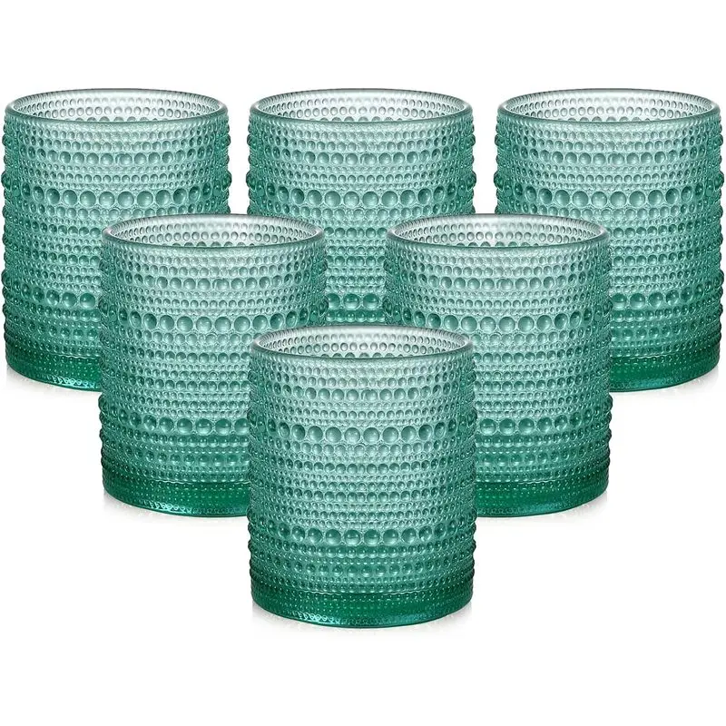6-Piece 12oz Classic Stylish Vintage Embossed Glass Drinking Glasses Set, Hobnail Tumblers with Cleaning Brush for Home Bar, Water, Beer, Six Pieces