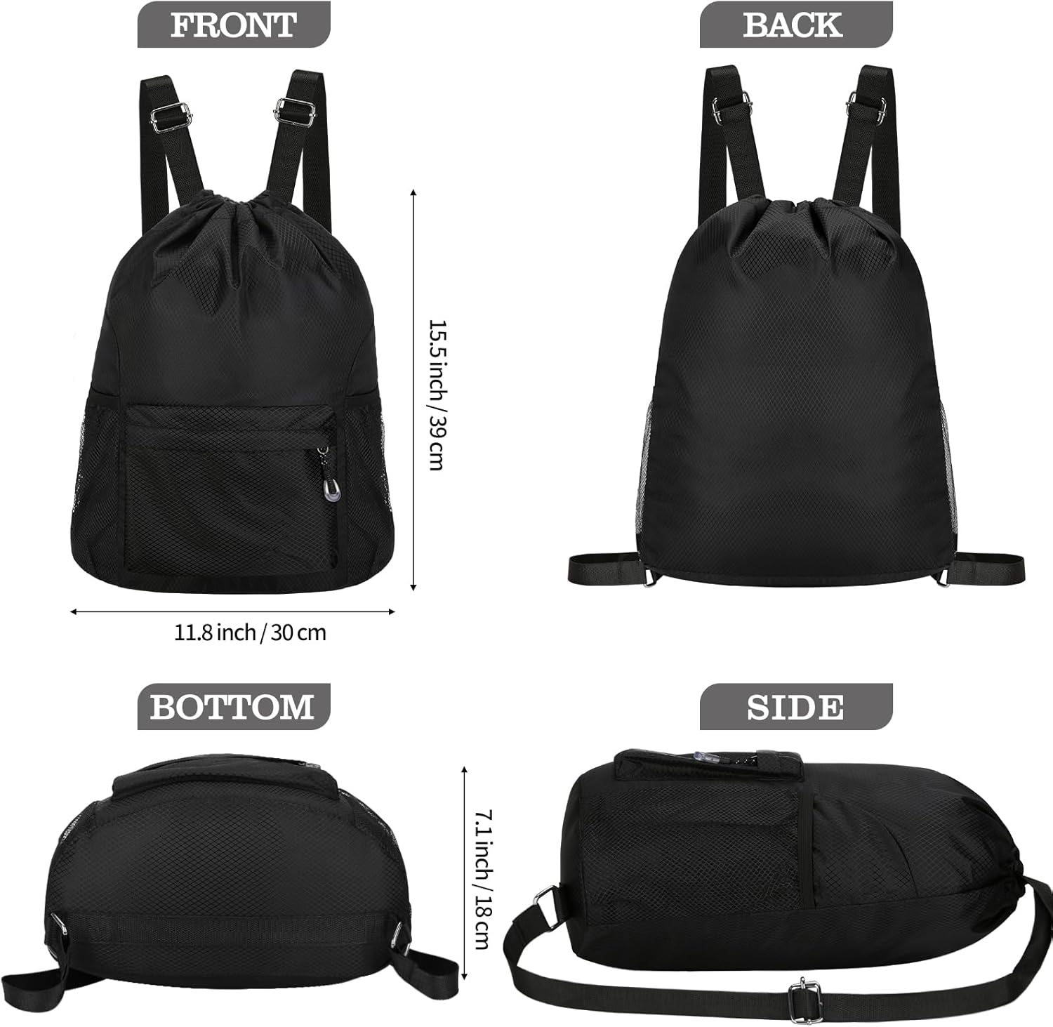 Waterproof Drawstring Bag, Lightweight String Backpack with Water Bottle Holder and Pockets, Gym Sports Cinch Sackpack