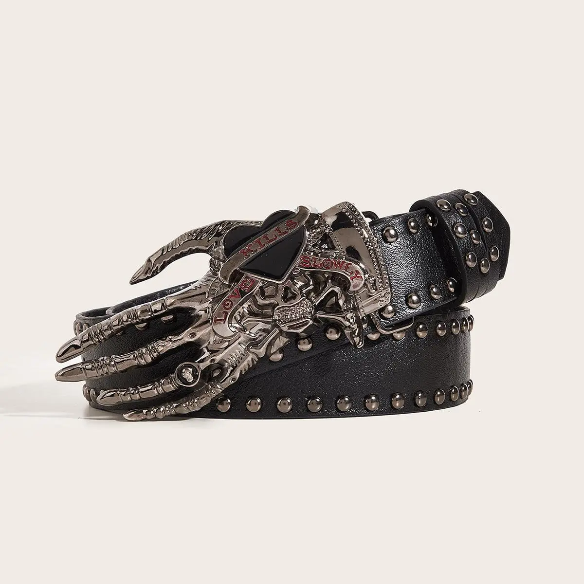 Skeleton Hand Buckle Studded Leather Belt, Unisex Punk Gothic Riveted Waist Belt, Rock Metal Streetwear Fashion Accessory