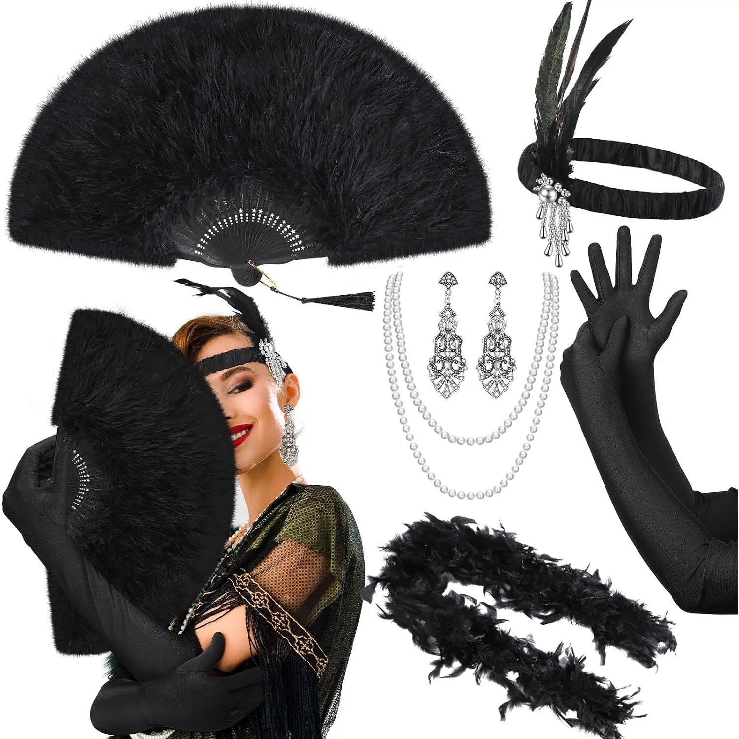 7 count 1920s Flapper Accessories for Women  Accessories Set Headband Earrings Necklace Gloves Marabou  Fan()