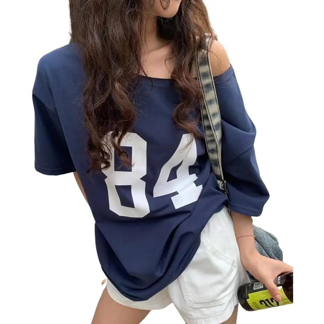 Women's Off Shoulder Short Sleeve Y2K Jersey Number Graphic Oversized Tee E-Girl Top(Gift)