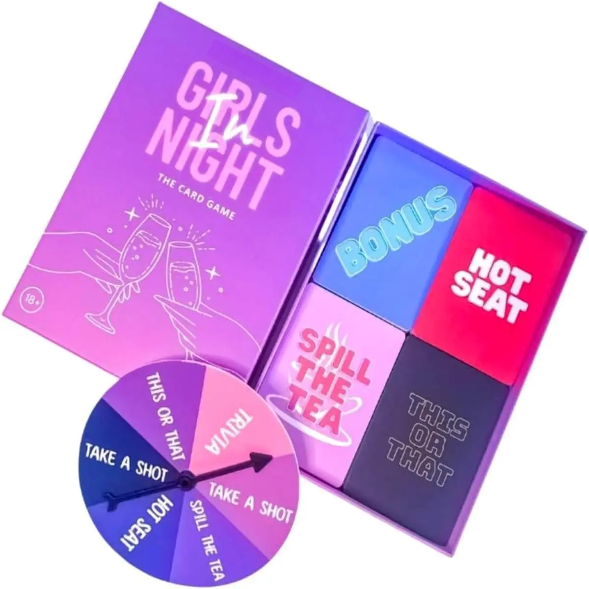 Girls Night in - Bachelorette Party , 200 Card  with Spinner, Funny & Flirty Questions for Girls Night, Bridal Shower & Birthday Parties