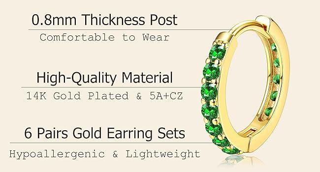 Zelores 6Pairs 14K Gold Plated Hoop Earrings for Women 6 Pairs Emerald Green Earrings Dainty Small Hoop Earrings Stud Earrings Sets for Multiple Piercing