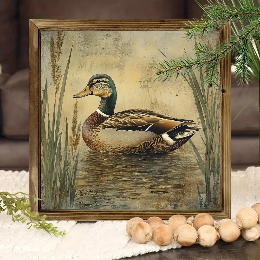 2D Flat - 2D Hand-Drawn Green-Headed Duck Wall Art - Vintage Farmhouse Decor with a Gold-Brown Frame, Realistic Duck Painting - Natural Theme for Home, Office, Or Café Decoration - 8X8 Inch Rustic Wooden Bird Artwork, Suitable for Living Room