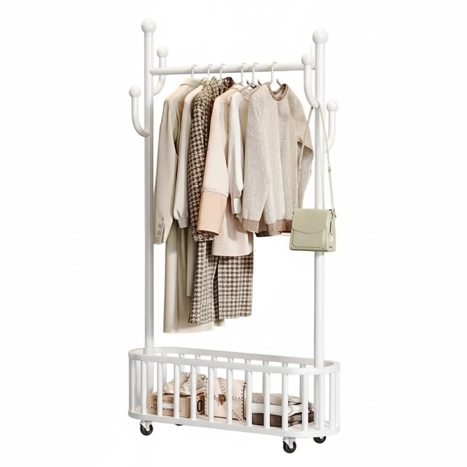 Metal Clothing Rack with Wheels, Rolling Clothes Racks for Hanging Clothes, Standing Garment Rack with Storage Shelf and 4 Hooks, Clothes Hanger Racks for Bedroom, Closet, Living-Room