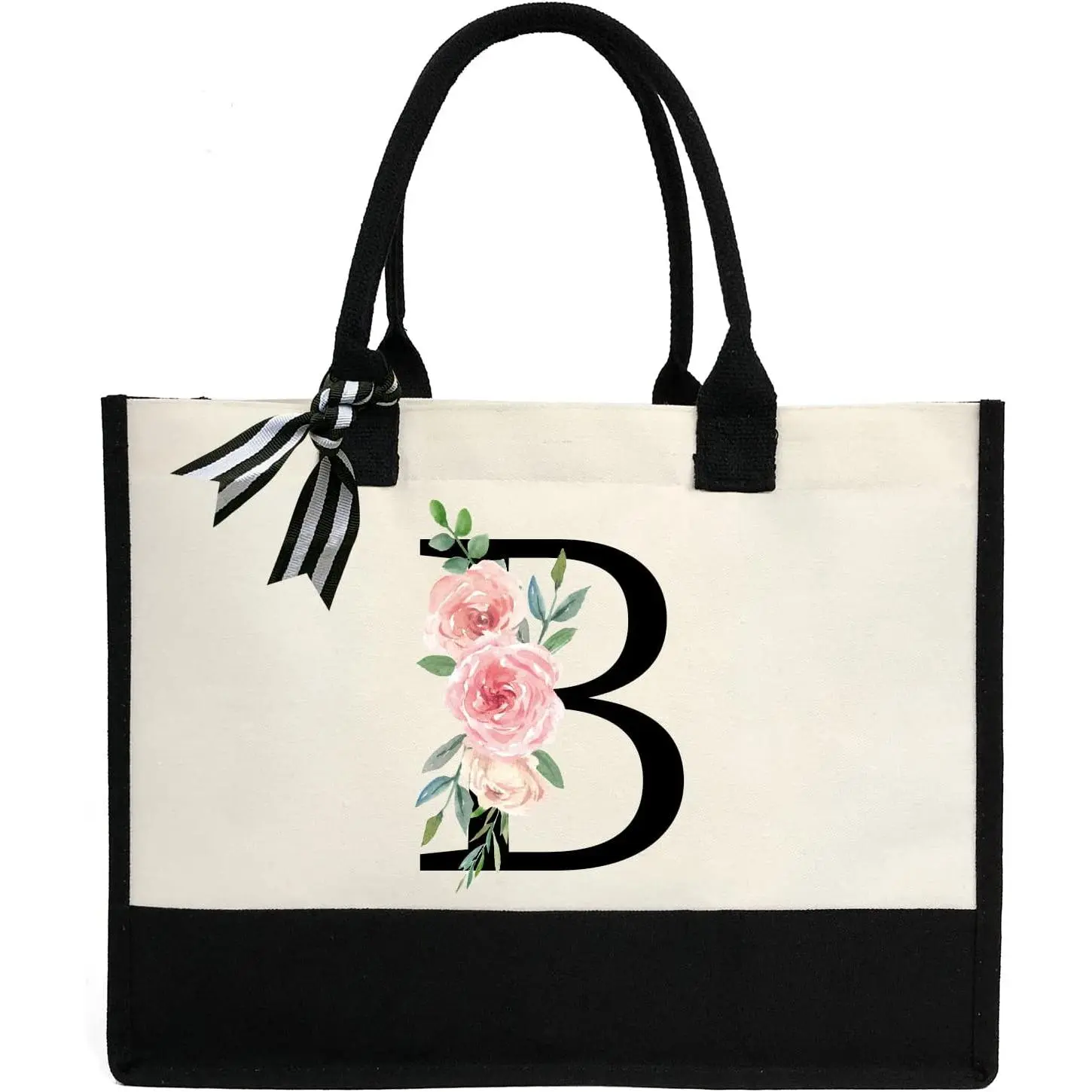 Personalized Initial Canvas Tote Bag for Women, Beach Bag with Inner Zipper Pocket for Wedding, Birthday, Holiday