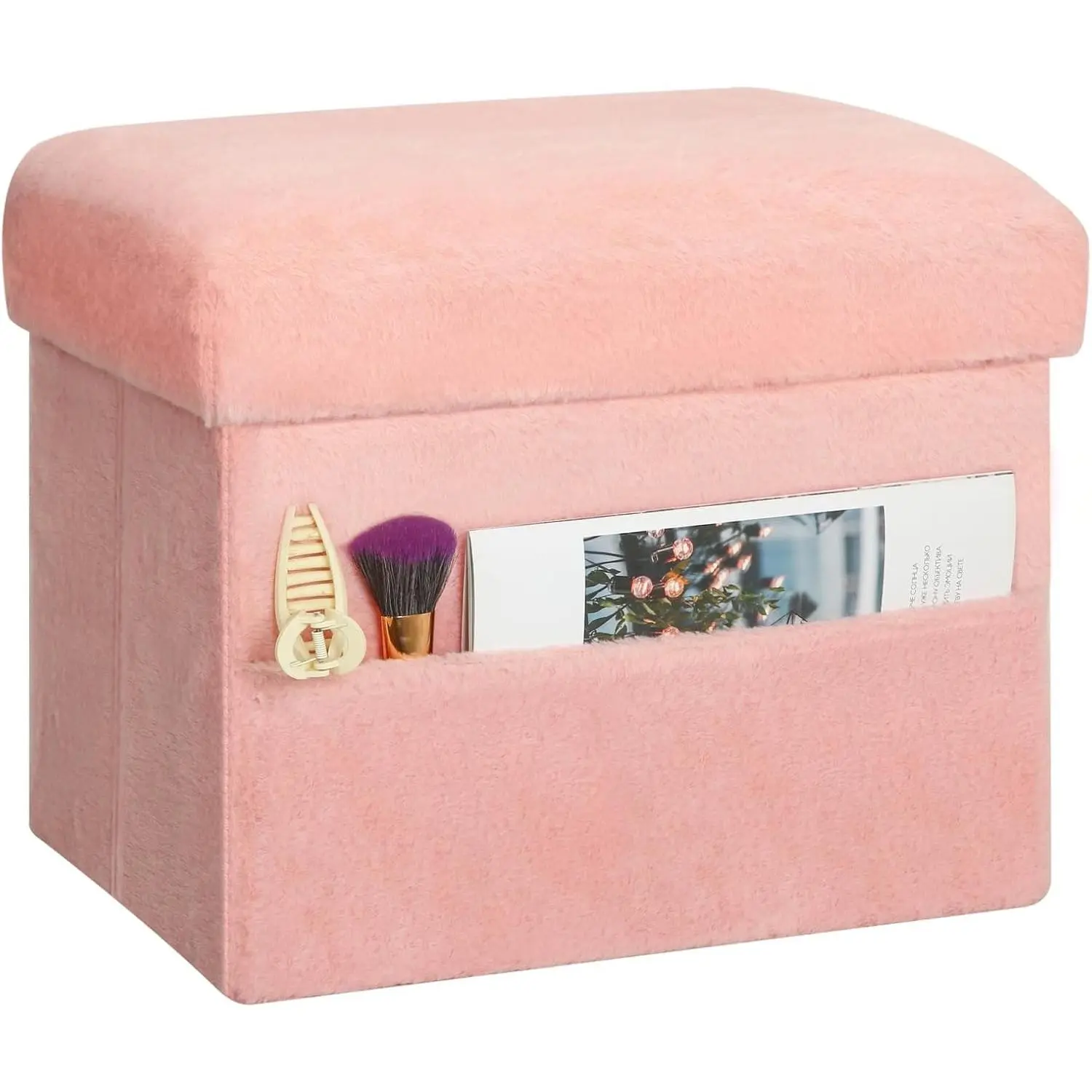 Storage Ottoman, Folding Ottoman Foot Rest Stool with Thicker Furry Padded Seat. Soft Fur Small Ottoman Bench with Storage for Bedroom Living Room, Holds Up to 300 lbs, 17x13x13IN (Pink)