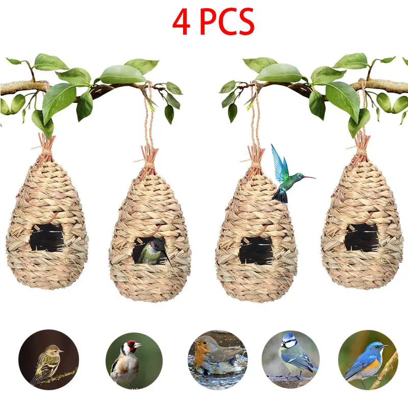 4 Pack Grass Weave Hummingbird Houses - Hand-Woven Outdoor Hanging Bird Nests with Hooks, Natural Wood Construction, Battery/Electricity-Free, Pre-Drilled Holes for Easy Install, Entrance Tunnel for Garden