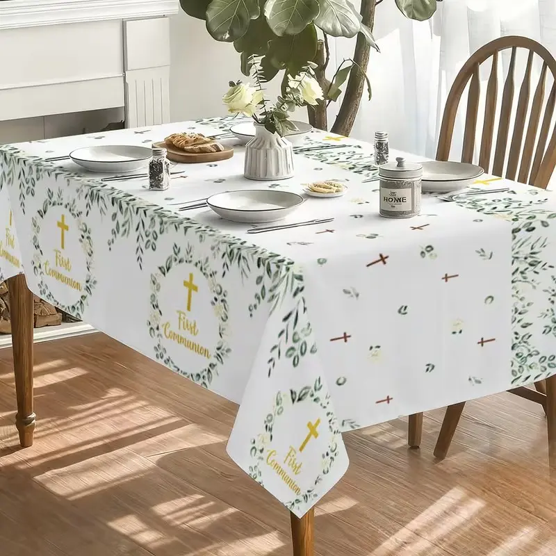 2D Flat Party Tablecloth 1pc, Polyester Material, First Communion Tablecloth, Cross Design, Kitchen Dining Decor, No Power Needed