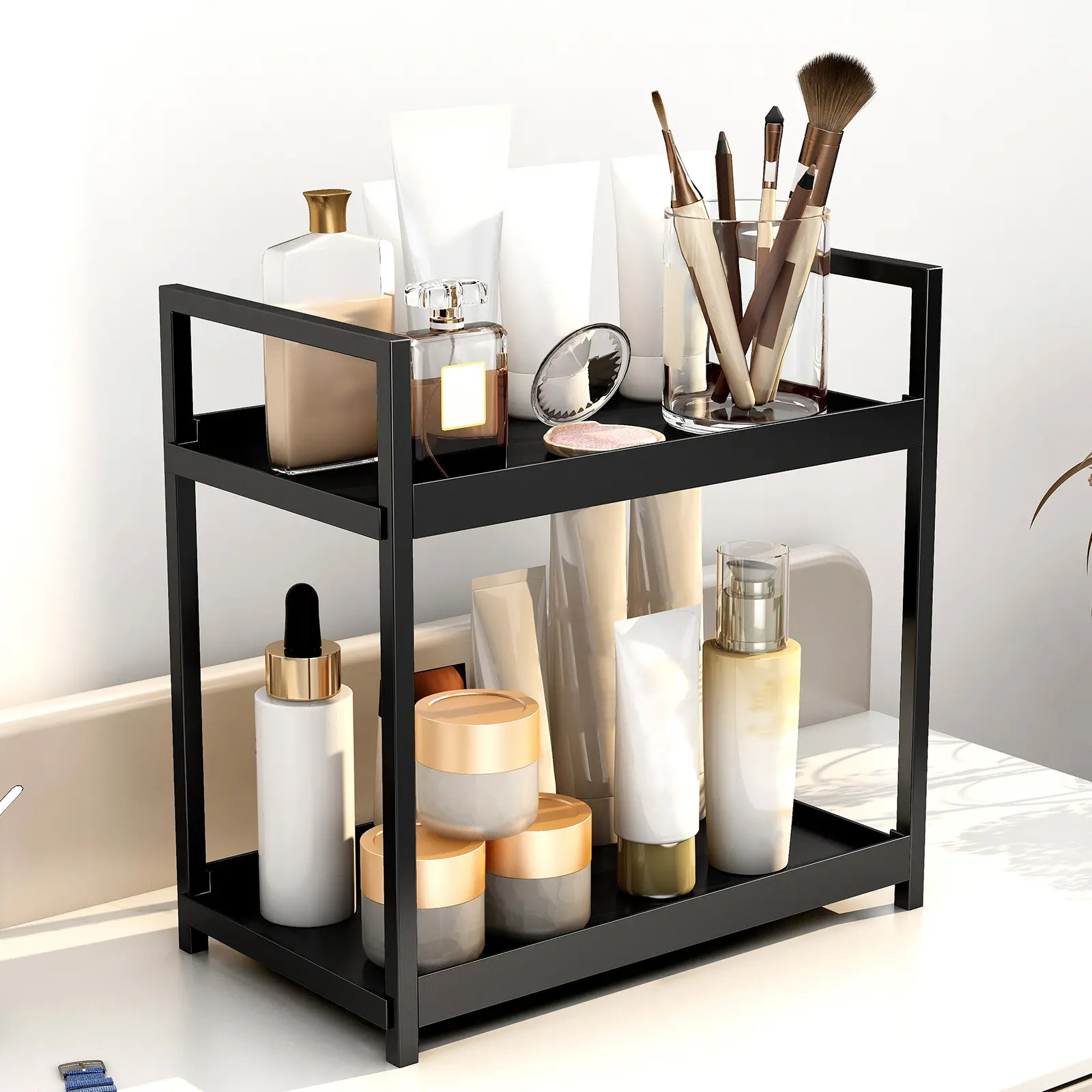 Double Layer Desktop Organizer Rack, Kitchen Plastic Storage Shelf, Bathroom Countertop Perfume Cosmetic Organiser, Vanity Makeup Stand