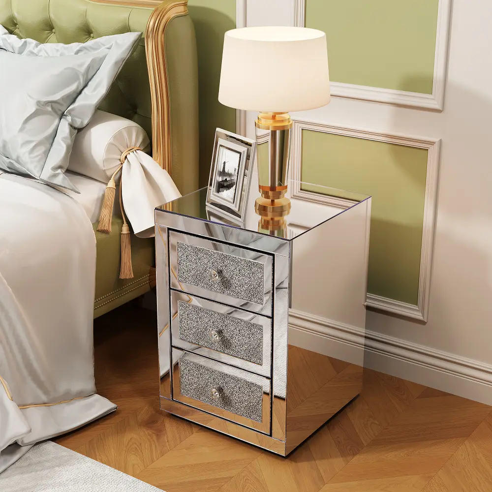 3 Drawer Mirrored Nightstand, Silver Glass Bedside Table with Crystal Accent, Glam End Table with Storage Drawers, Modern Mirrored Cabinet for Bedroom, Living Room, Sofa Side Table, Elegant Furniture Decor for Home