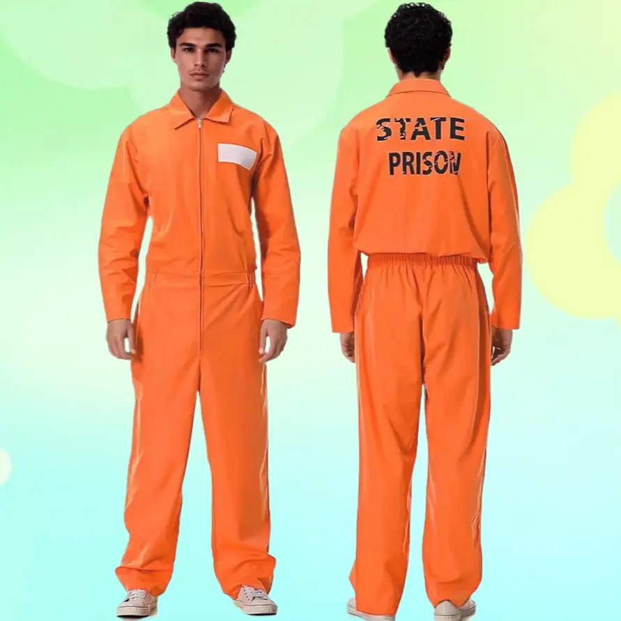 Prisoner Costume Jumpsuit, Stylish Waist-Cinching DOC Prison Uniform for an Authentic Look, Unisex Inmate Outfit for Halloween & Cosplay, Prisoners, Clothes, Halloween Party, Menswear, Classic, Set, Polyester, Back Print, Plus Size, Full Length