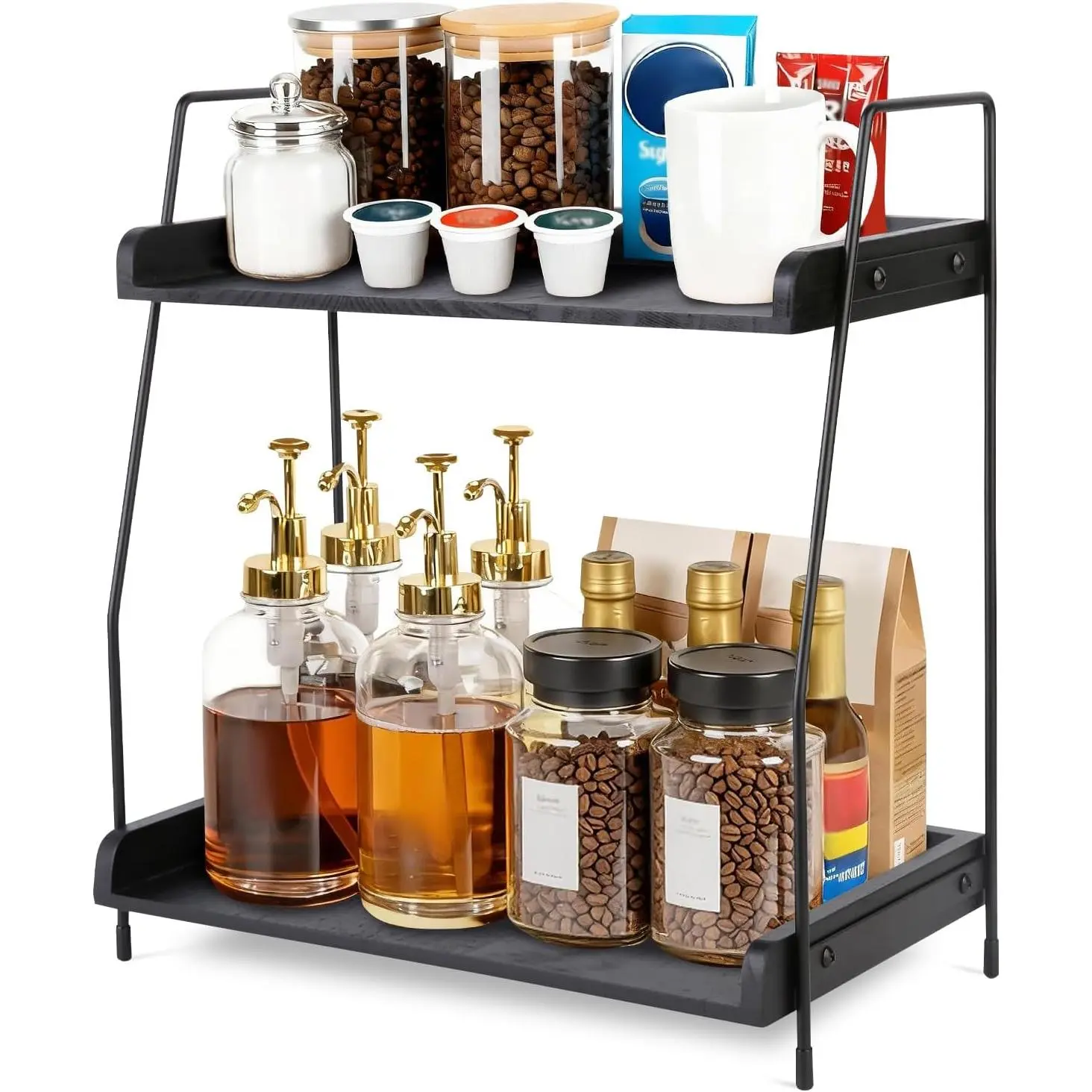 Coffee Bar Organizer for Countertop, 2-Tier Coffee Station Organizer with Metal Frame & Wooden Shelves, Coffee Accessories Organizer Rack for Pods, Syrups, Cups & Tea Bags (Black)