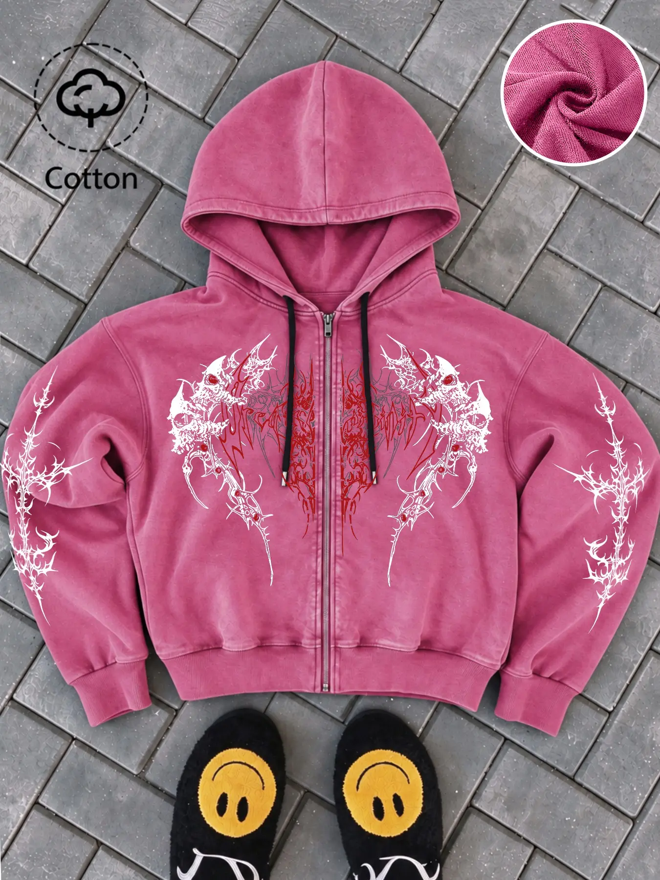 Early Autumn Washed Cotton Open Front Hoodie, Red White Thorn Skull Gothic Print, Zipper Hooded Sweatshirt, Unique Dark Subculture Streetwear Jacket