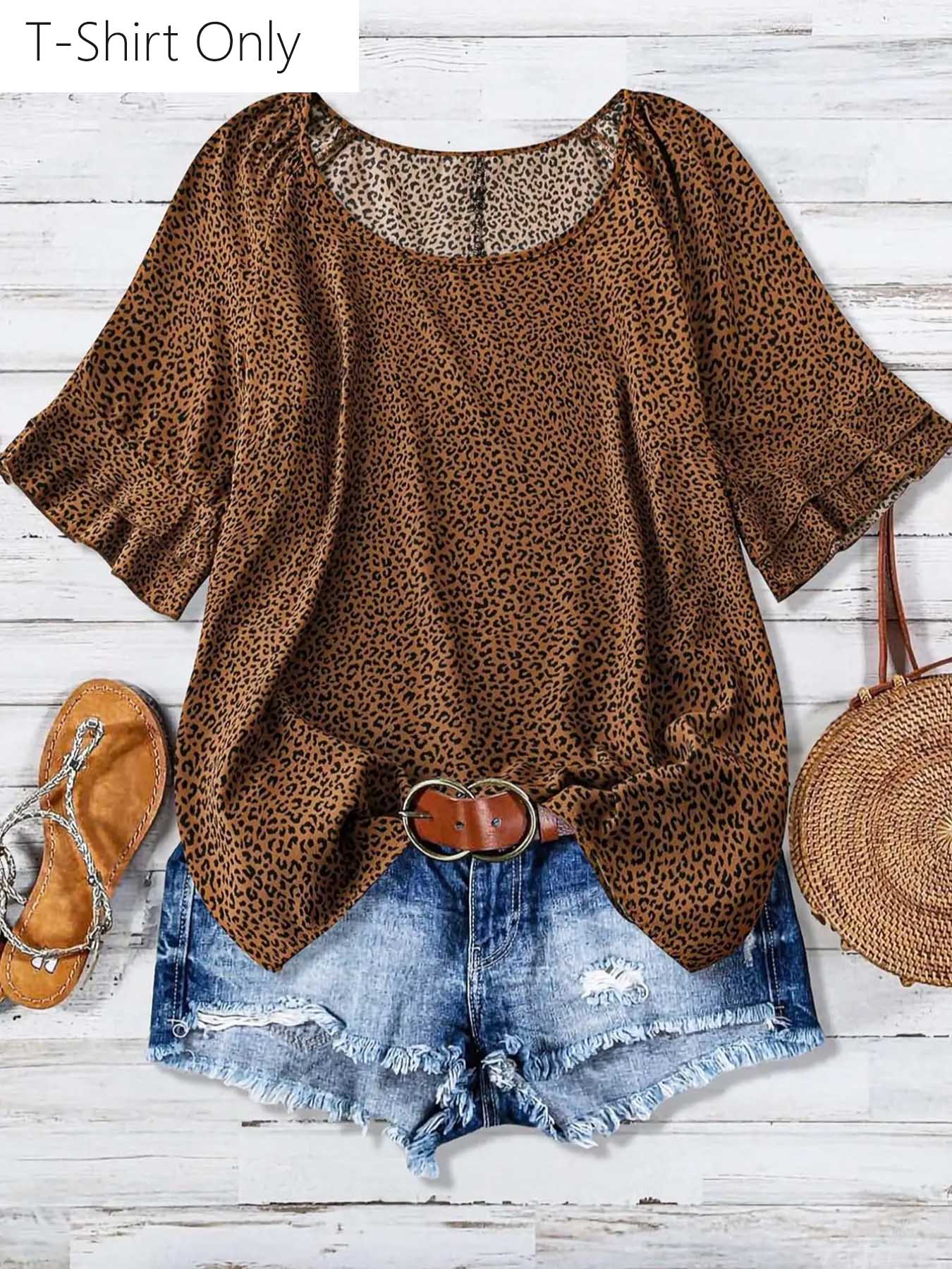 【Plus Size】 All Over Print Ruffle Layered Sleeve Blouse, Casual Short Sleeve Round Neck Top for Daily Wear, Women's Plus Clothing for All Seasons