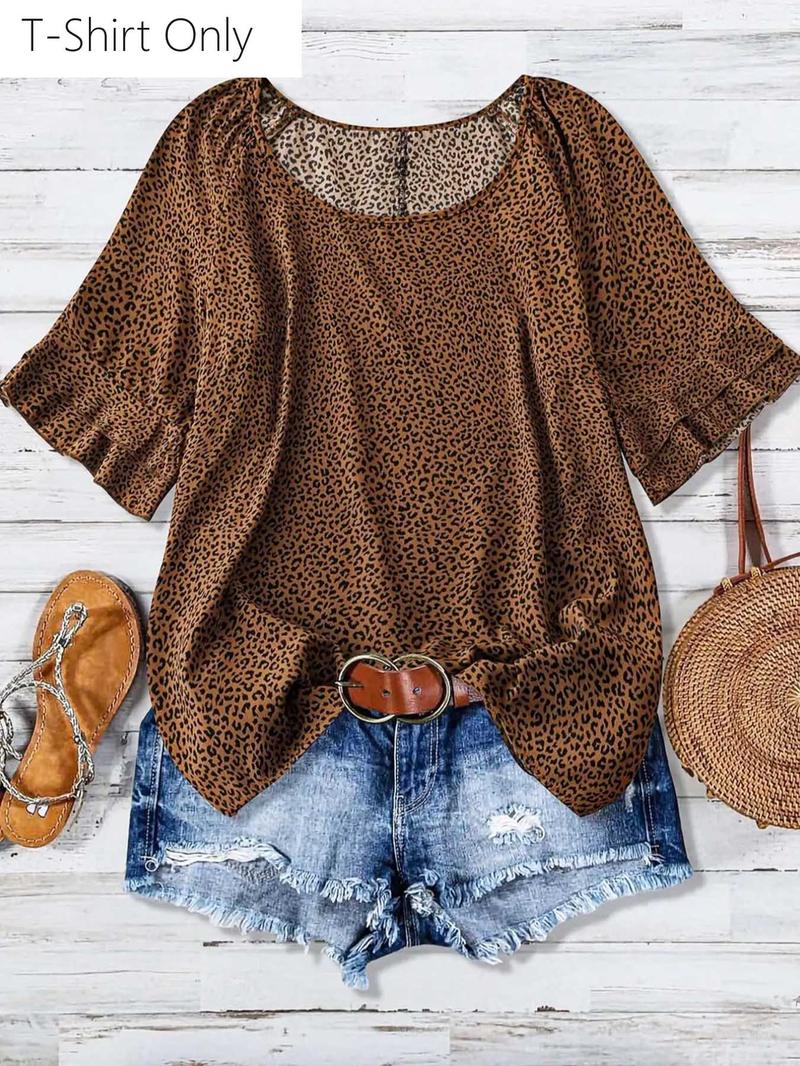 【Plus Size】 All Over Print Ruffle Layered Sleeve Blouse, Casual Short Sleeve Round Neck Top for Daily Wear, Women's Plus Clothing for All Seasons