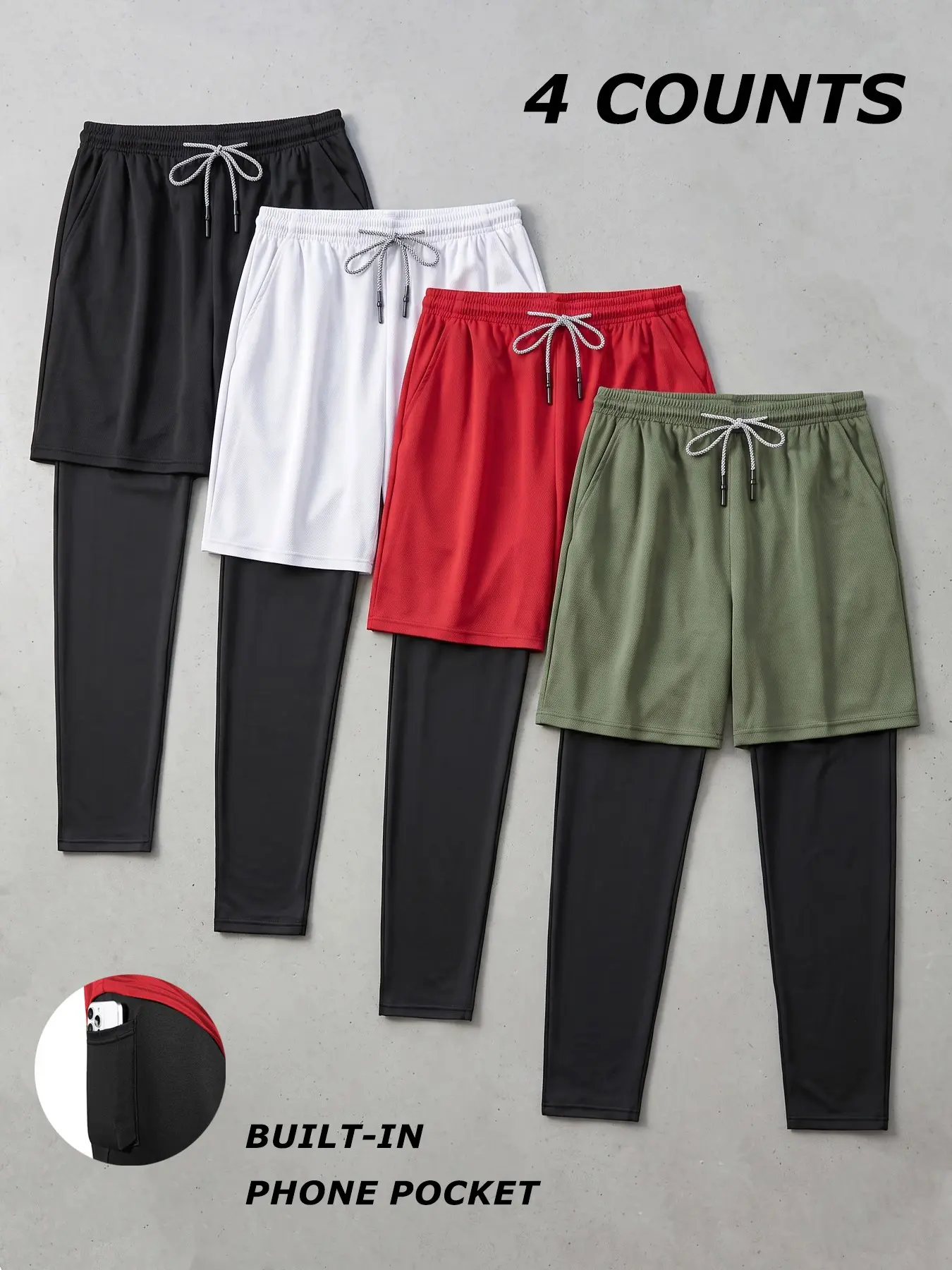 4-Piece Set Men's 2 in 1 Running Workout Pants, Gym Athletic Quick Dry Compression Pants with Phone Pocket Towel Loop, Basketball Tights Sporty Leggings Pants, Sports Pants