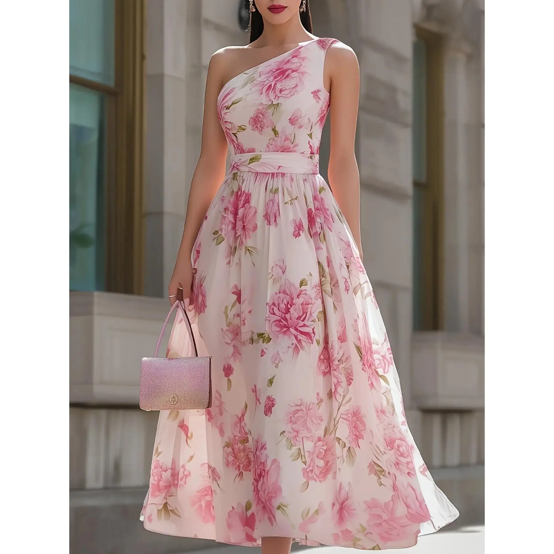 Printed One-Shoulder Sleeveless Dress, French Chic Waist-Tied A-Line Midi Dress, Elegant Aesthetic Slanted Shoulder Tie Design, Perfect for Dates, Afternoon Tea, Light Evening Wear