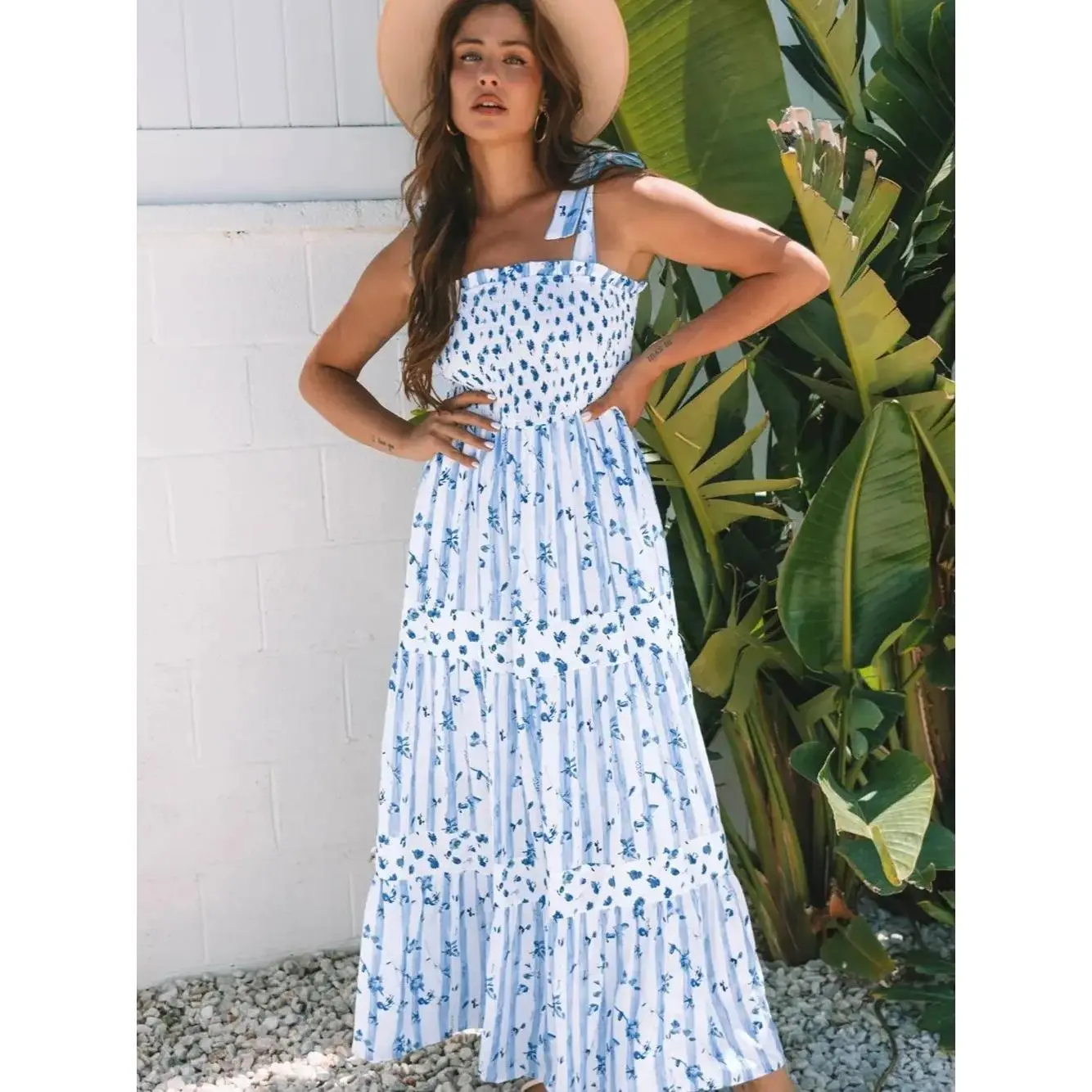 Women's Smocked Bodice Square Neck Floral Tiered Maxi Dress Sleeveless Flowy A-Line Summer Beach Vacation Sundress Sky Blue