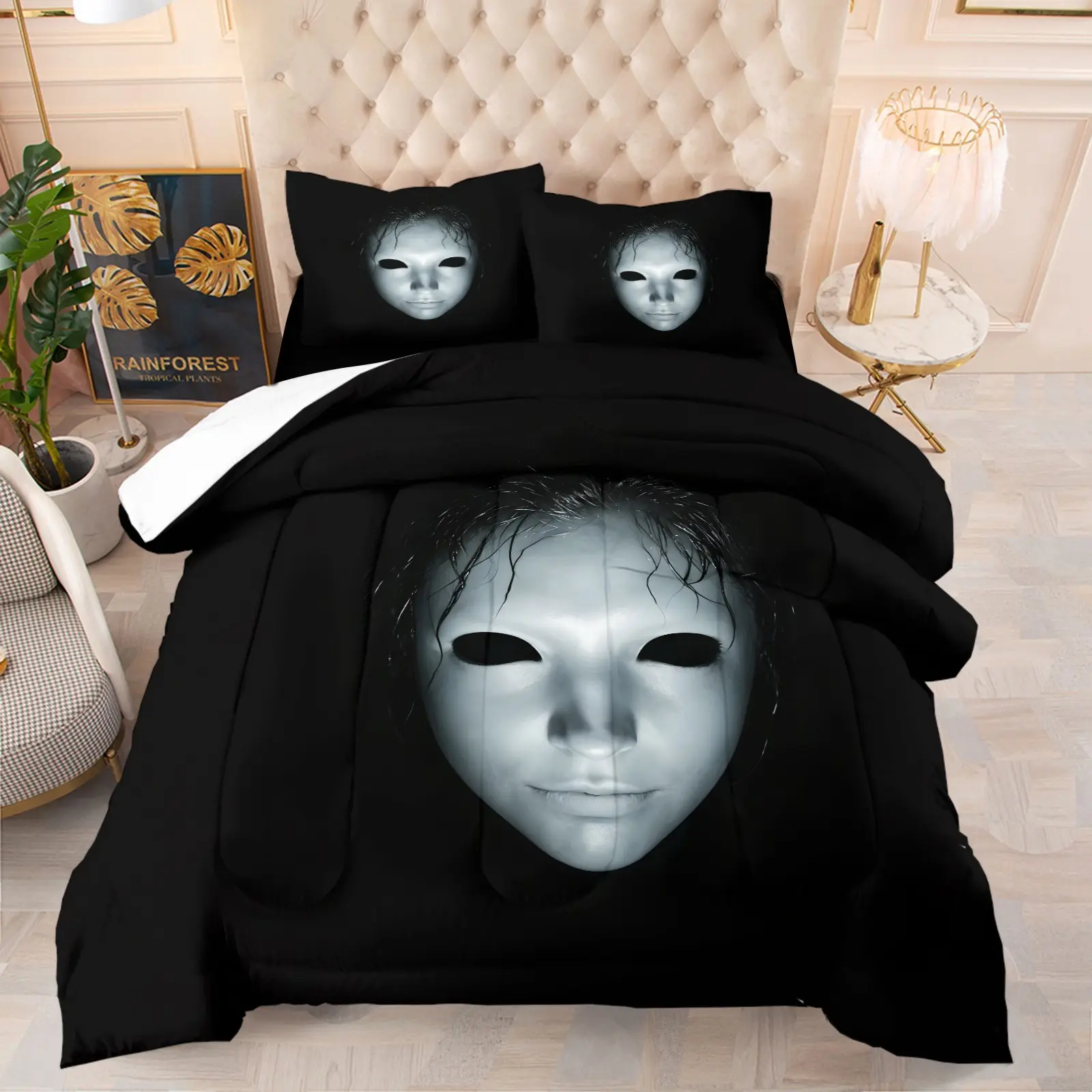 Horror Movie Portrait Comforter Set, Suspenseful and Eerie Soft Warm Bedding, Hollow Eyeless Mask and Wet Hair Design, Halloween or Horror Movie Fans Bedroom Dorm Gaming Room Decor, 1 Quilt + 1-2 Pillowcases