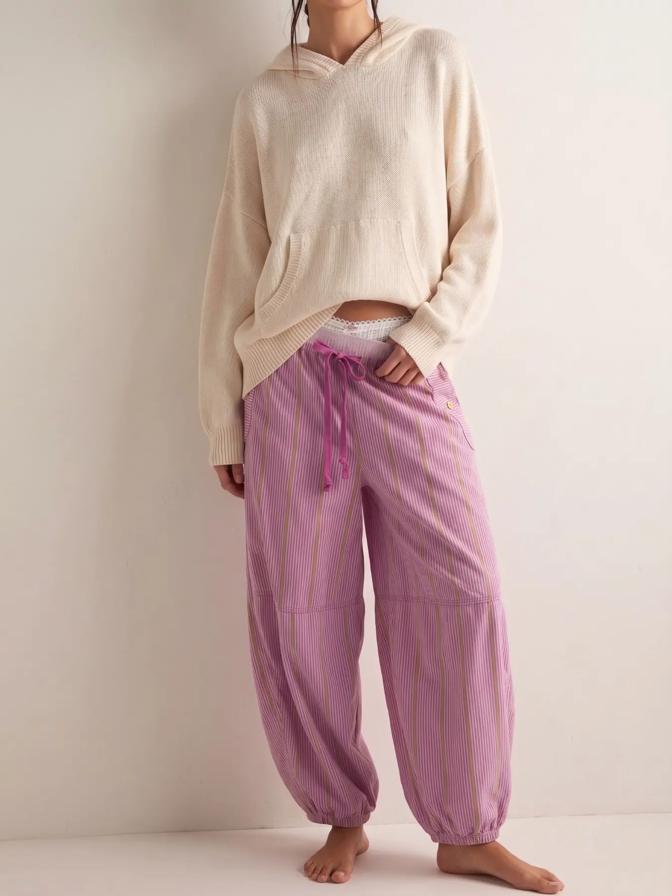 Striped Wide Leg Pants, pumpkin pants,Millennial Style Loose Fit Drawstring Waist, Vintage Beach Vacation Streetwear for Women, All Seasons