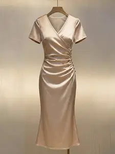 Spring Summer V Neck Satin Ruched Bodycon Fish Tail Dress, Elegant Short Sleeve Midi Dress, Button Detail, Peach Color, Ffsp2652