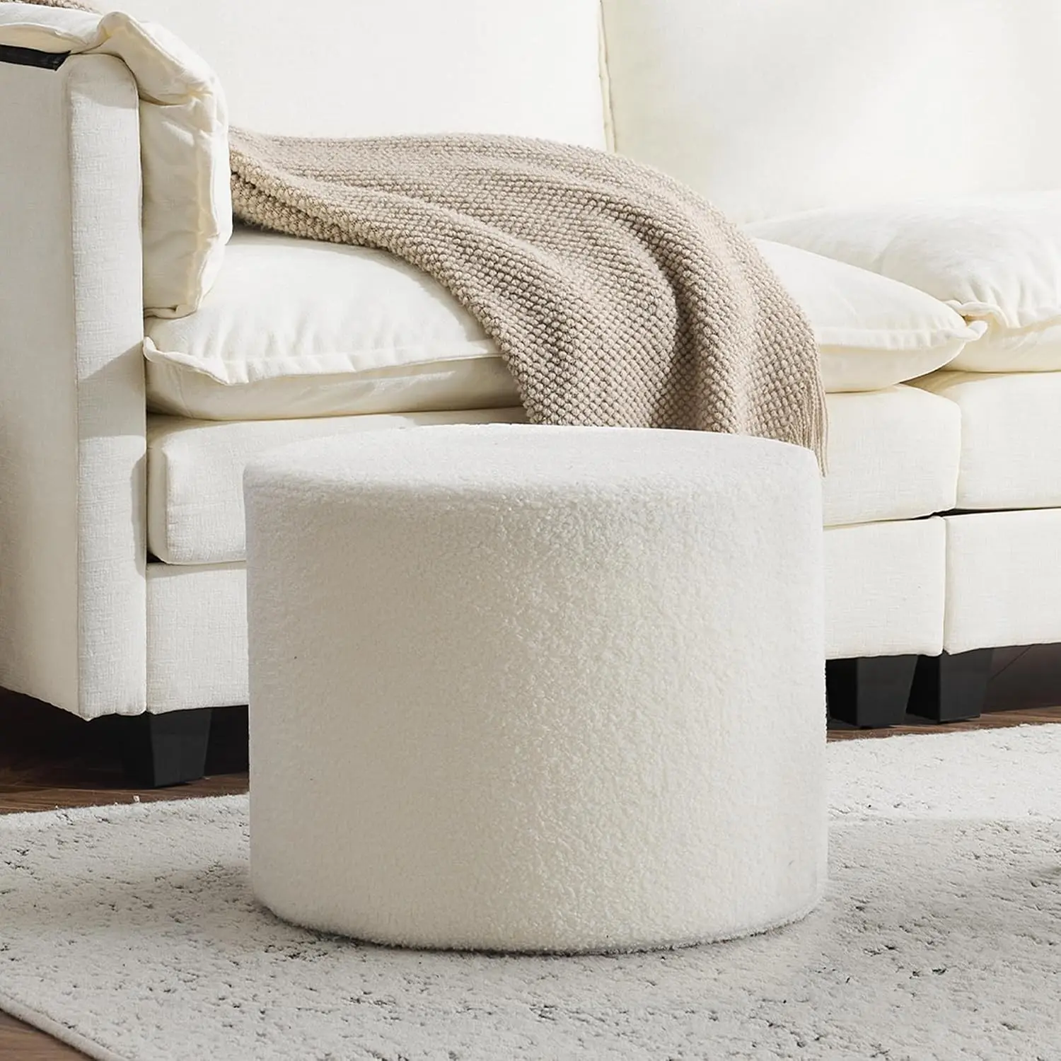 Soft Boucle Pouf Ottoman, Comfortable Foot Rest, Beige | Full Foam Filling Footstool for Living Room, Bedroom, Lightweight Comfort and Floor Poof Seating Perfect to Rest Your Feet