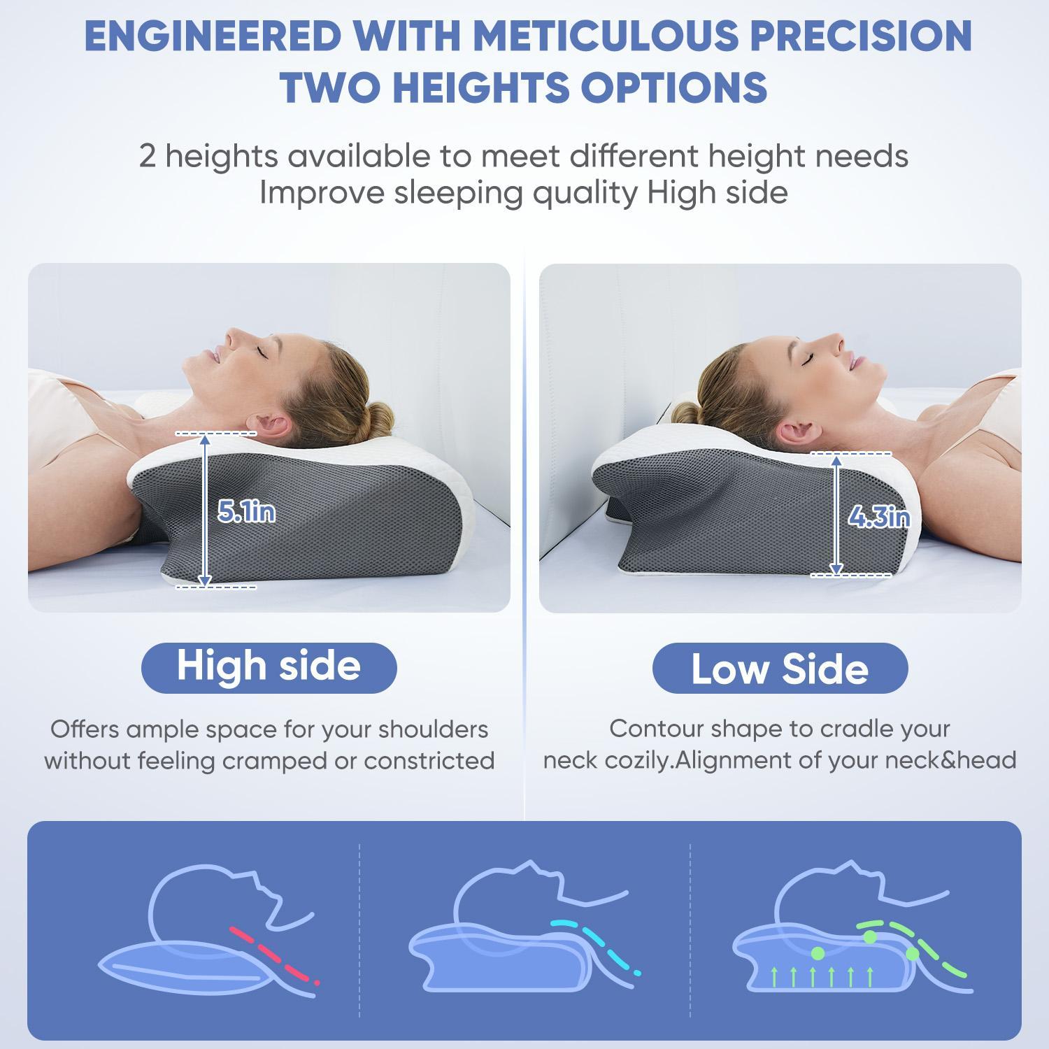 Slow-rebound premium supportive memory foam pillow for neck and shoulder relaxation, two height options and armrests, contoured zoned pillow for ultimate comfort and softness, perfect for side and stomach sleepers