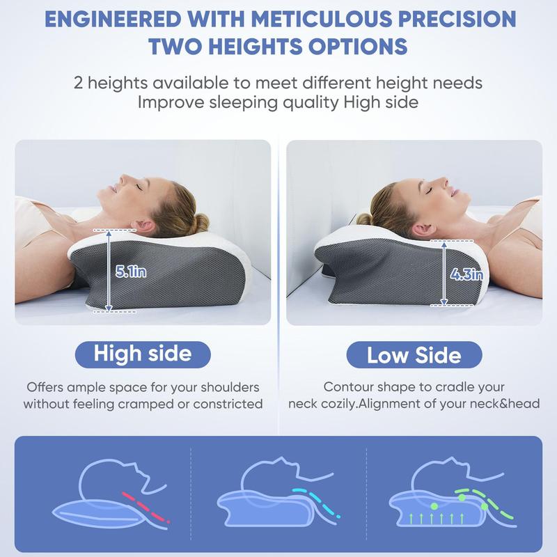 Slow-rebound premium supportive memory foam pillow for neck and shoulder relaxation, two height options and armrests, contoured zoned pillow for ultimate comfort and softness, perfect for side and stomach sleepers