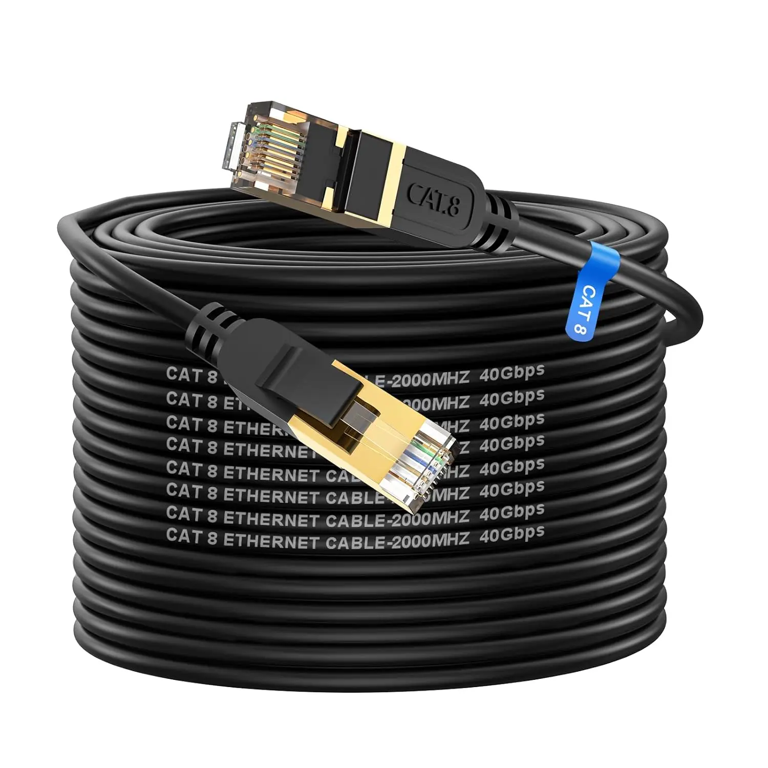 100FT Cat8 Ethernet Cable High Speed 40Gbps 2000Mhz 26AWG Heavy Duty LAN Network Cable with Gold Plated RJ45 Connector, Indoor & Outdoor Internet Cord Compatible with Router Gaming Modem Xbox