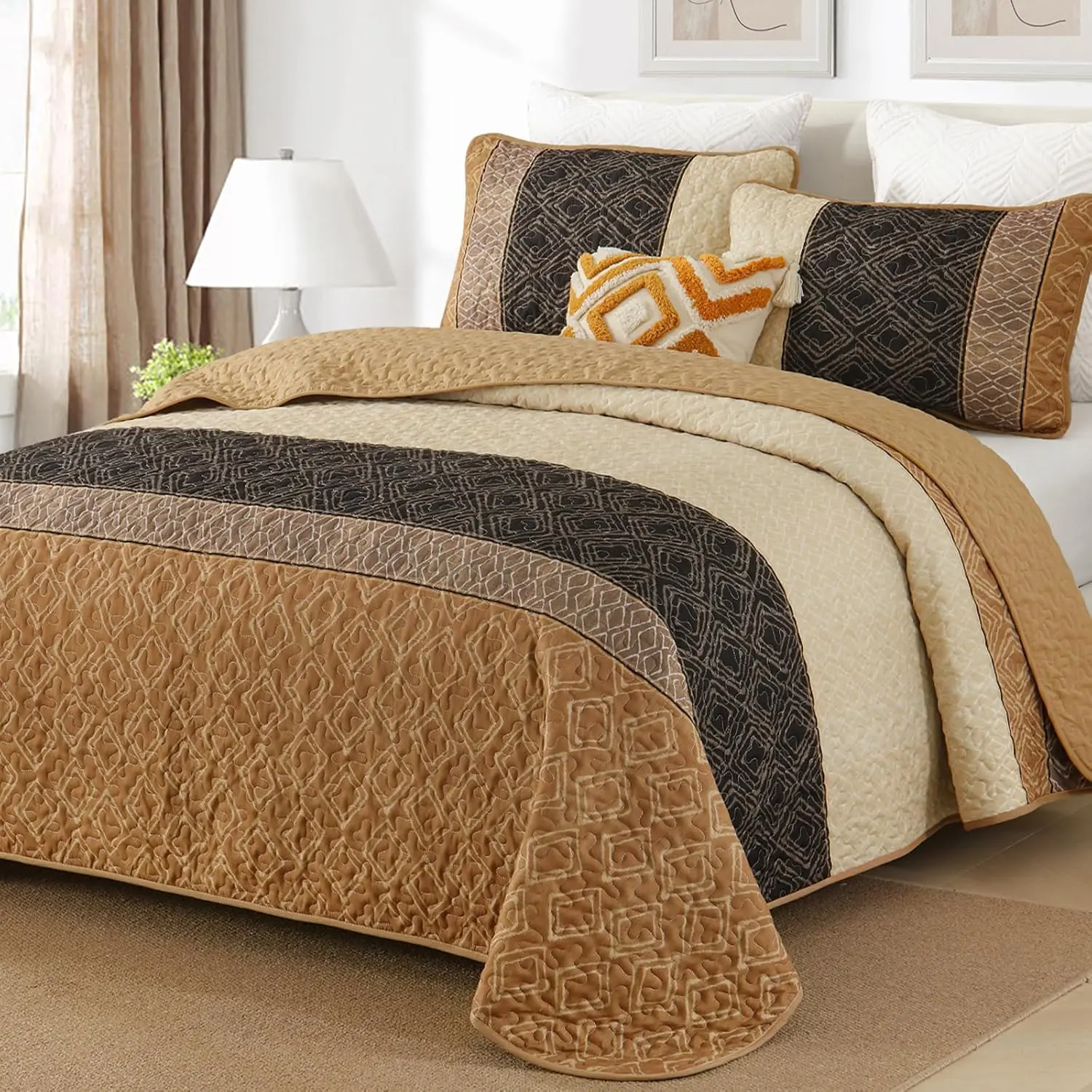 Brown Quilt Set King Size 3 Pieces, Boho Striped Bedspread, Farmhouse Plaid Soft Microfiber Quilt Set with 2 Pillow Shams 110"x90"