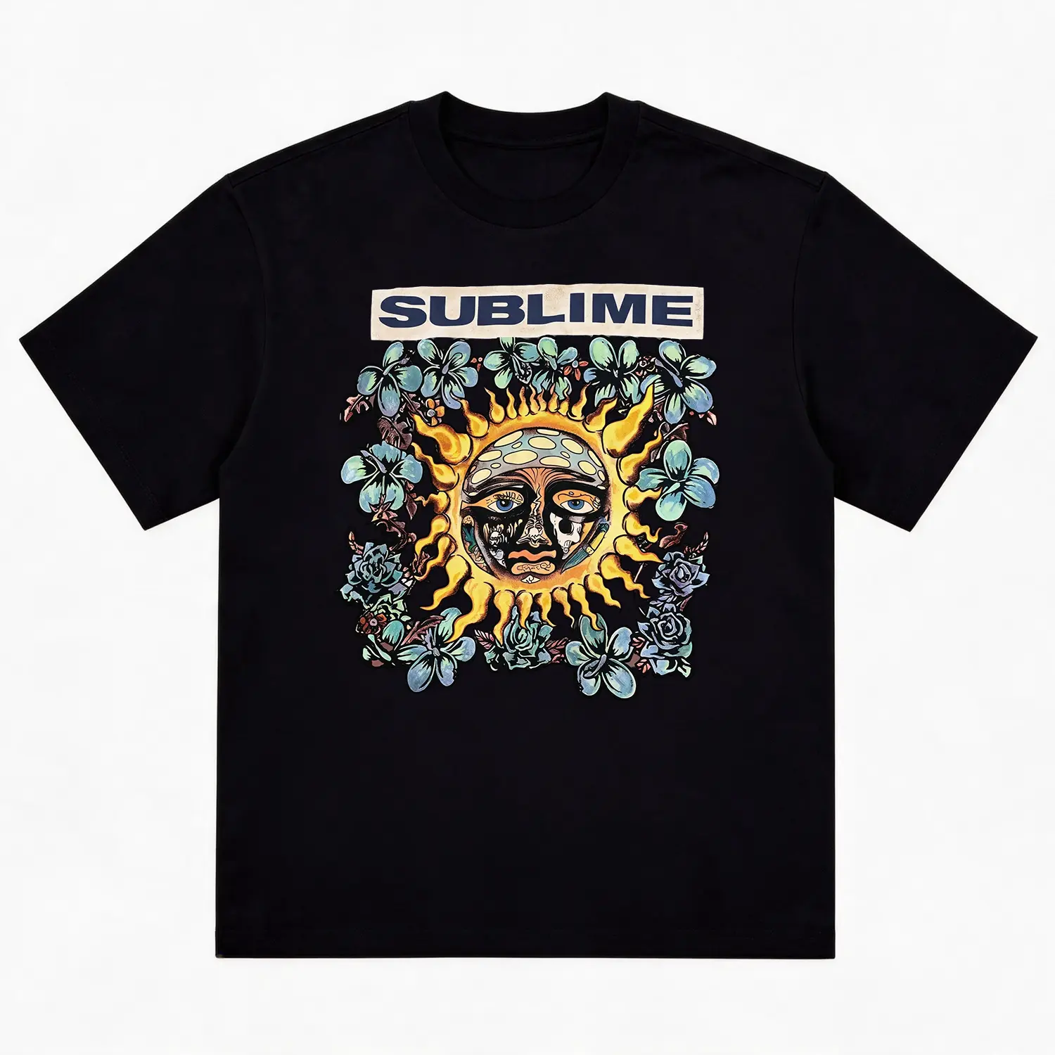 Oversized Vintage Graphic T-Shirt Sublime Sun Flower Print Tee Soft Breathable Cotton Retro Reggae Rock Band Short Sleeve Unisex Top For Music Concert Beach Casual Summer Outfit
