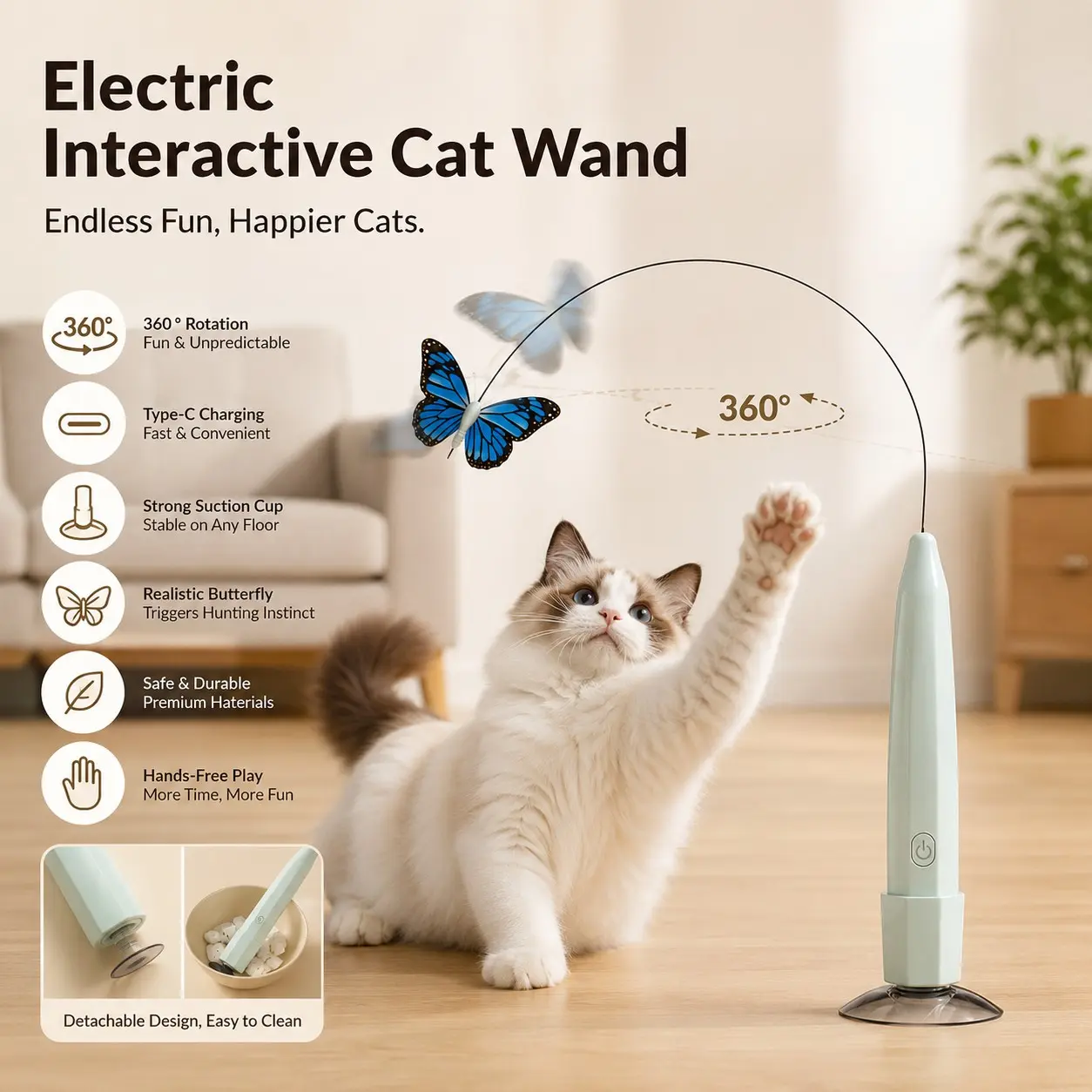 Electric Interactive Butterfly Cat Wand Toy, USB Rechargeable 360° Rotating Cat Teaser with Suction Cup, Hands-Free Self-Play Hunting Training Toy for Indoor Cats