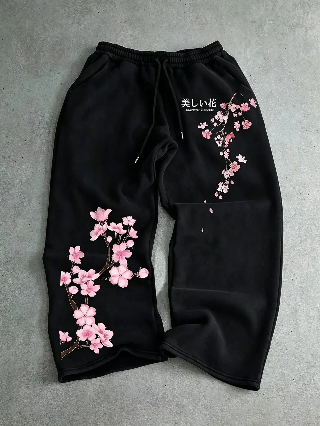 Men's Cherry Blossom Japanese Text Print Sweatpants, Elastic Drawstring Regular Fit Casual Trousers, For All Seasons Street Vacation Wear