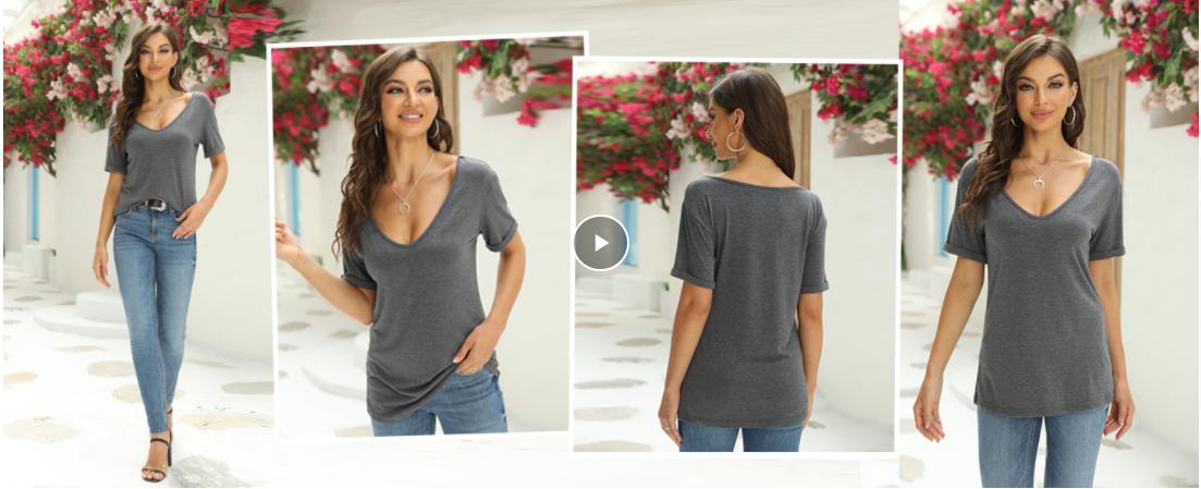 Imily Bela Women Fashion Deep V-Neck Short Sleeve Tops Solid Casual Loose Basic T Shirt