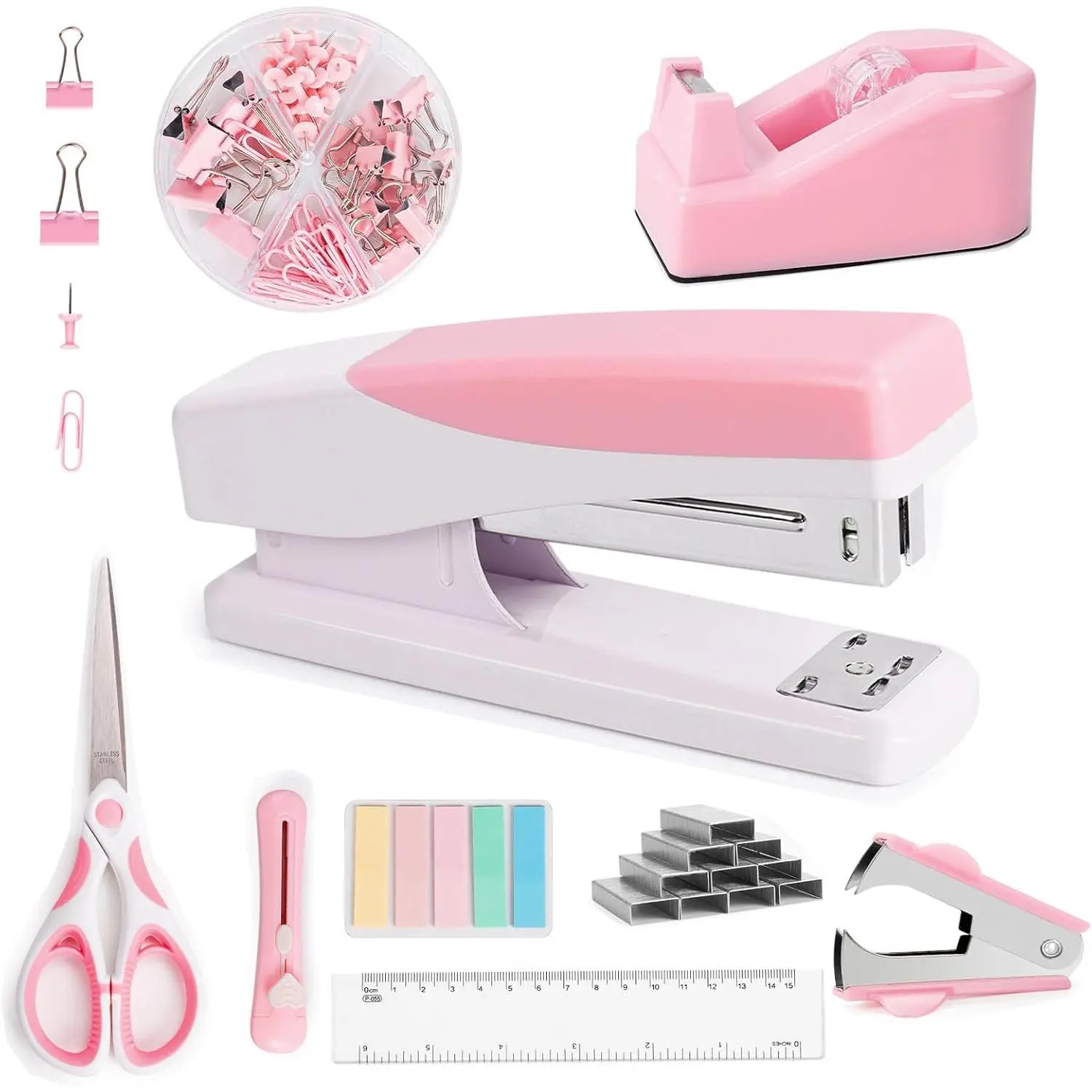Desk Accessories Set for Women, Stapler and Tape Dispenser Set with Scissor, Staple Remover, Clips & Tabs, Cute Office Supplies Kit for Desk Organization, School,  & Office,  Idea