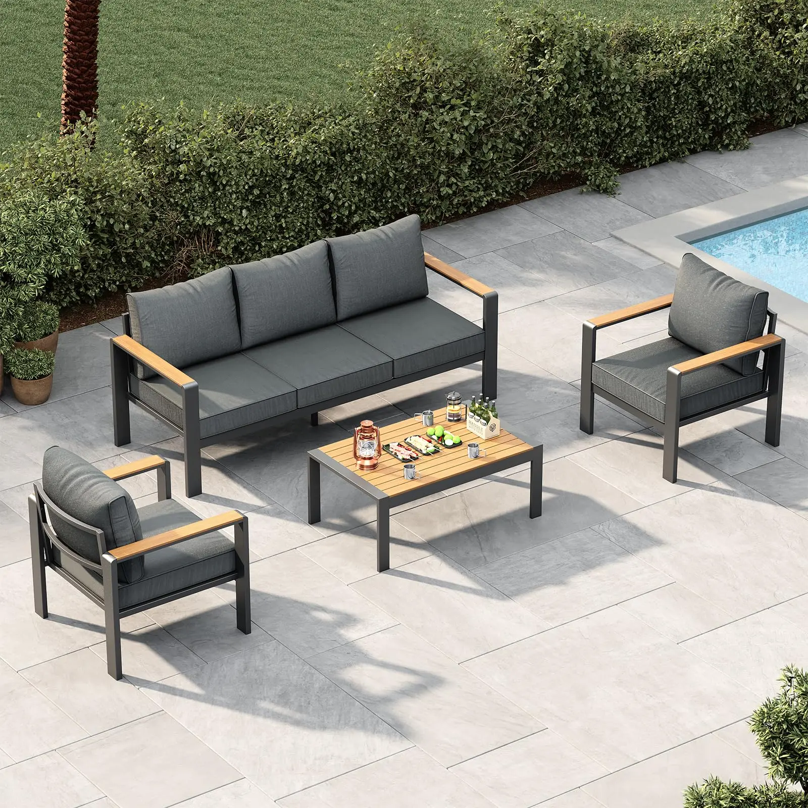 Aluminum Patio Furniture Set 5 Seats, Generous Outdoor Sectional with Washable Thick Cushions and Coffee Table, Patio Conversation Set for Porch, Balcony, Deck, Yard