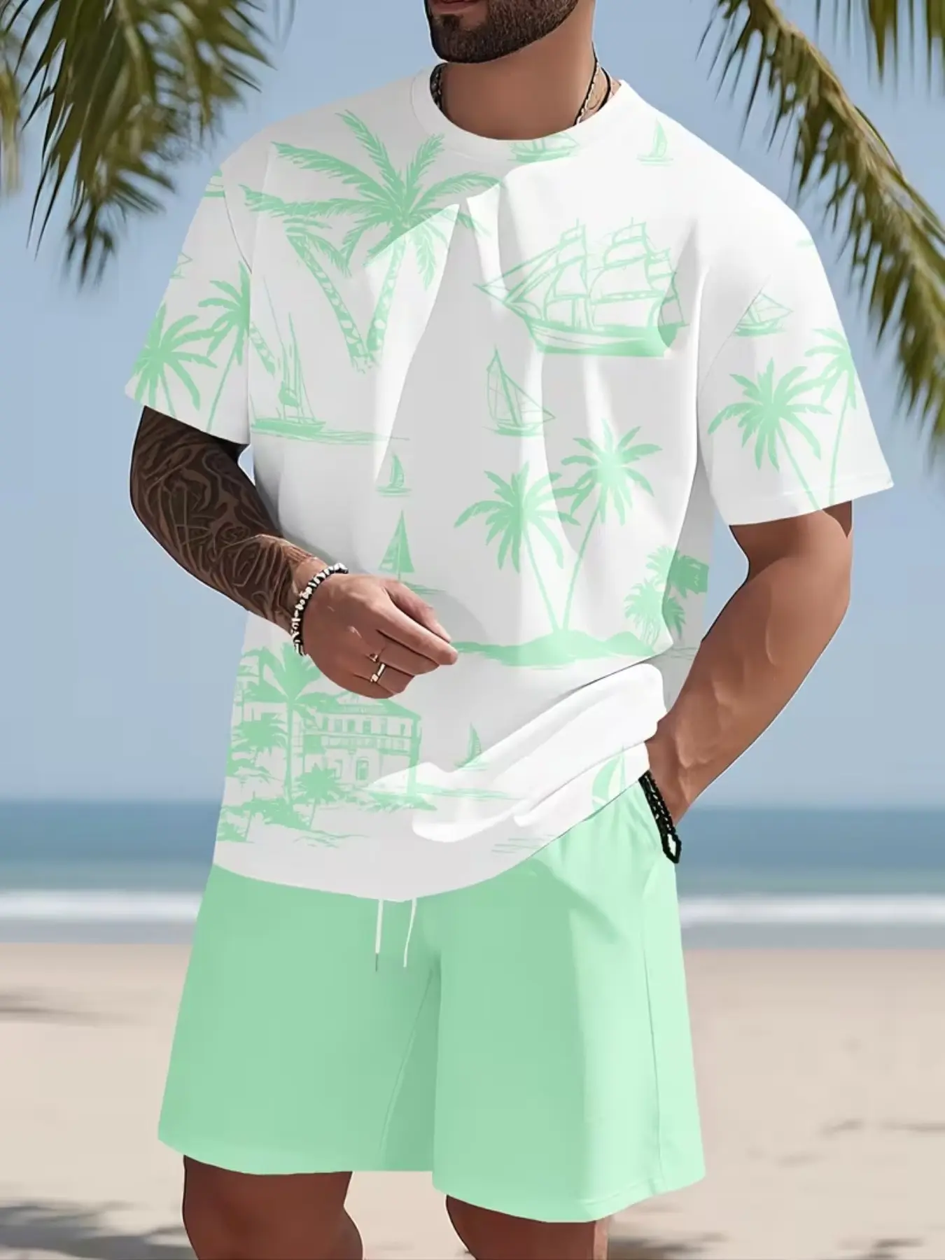 Men's Summer Two-Piece Set, Coconut Tree Print Round Neck Short Sleeve Top + Mint Shorts, Casual Home Wear, All Seasons