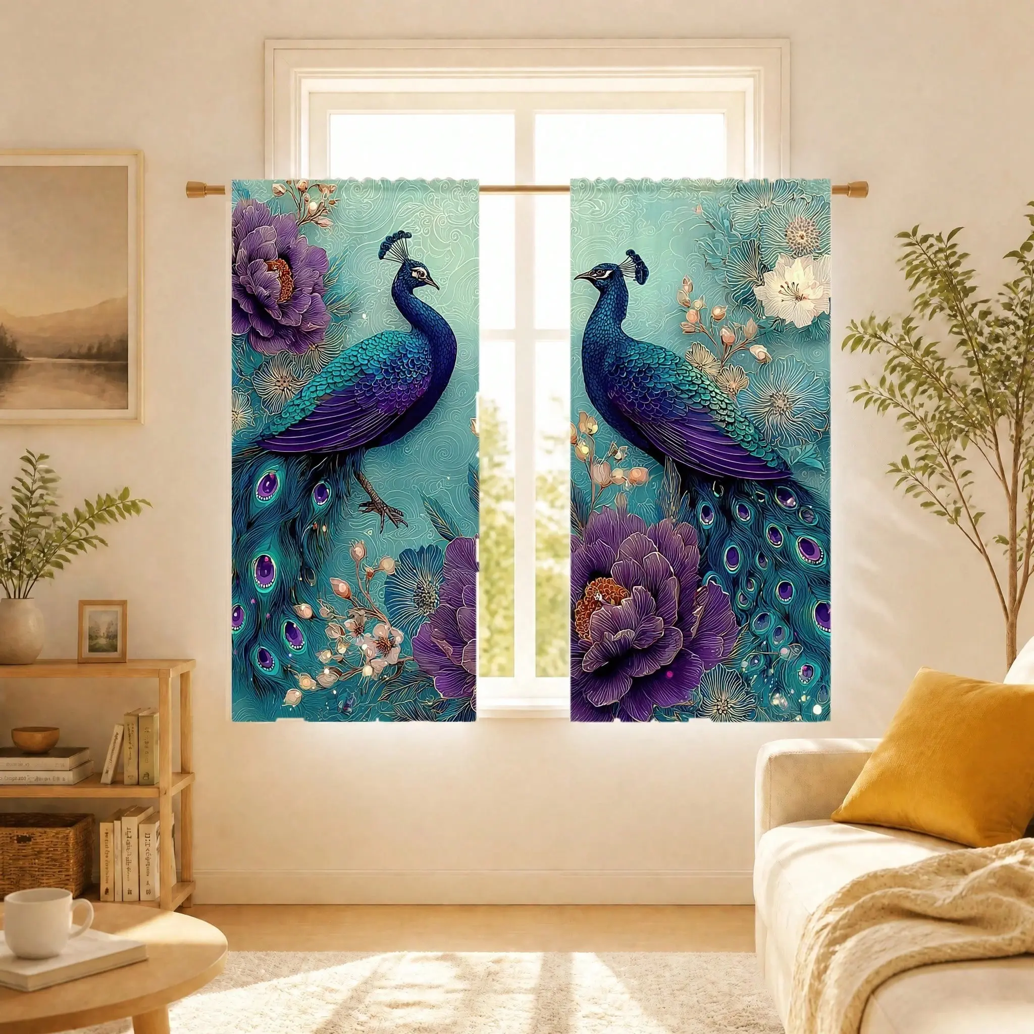 2-Piece Animal Theme Curtain Set, Blue Peacock Print, Elegant Room Window Curtains for Living Room Bedroom Kitchen Decor