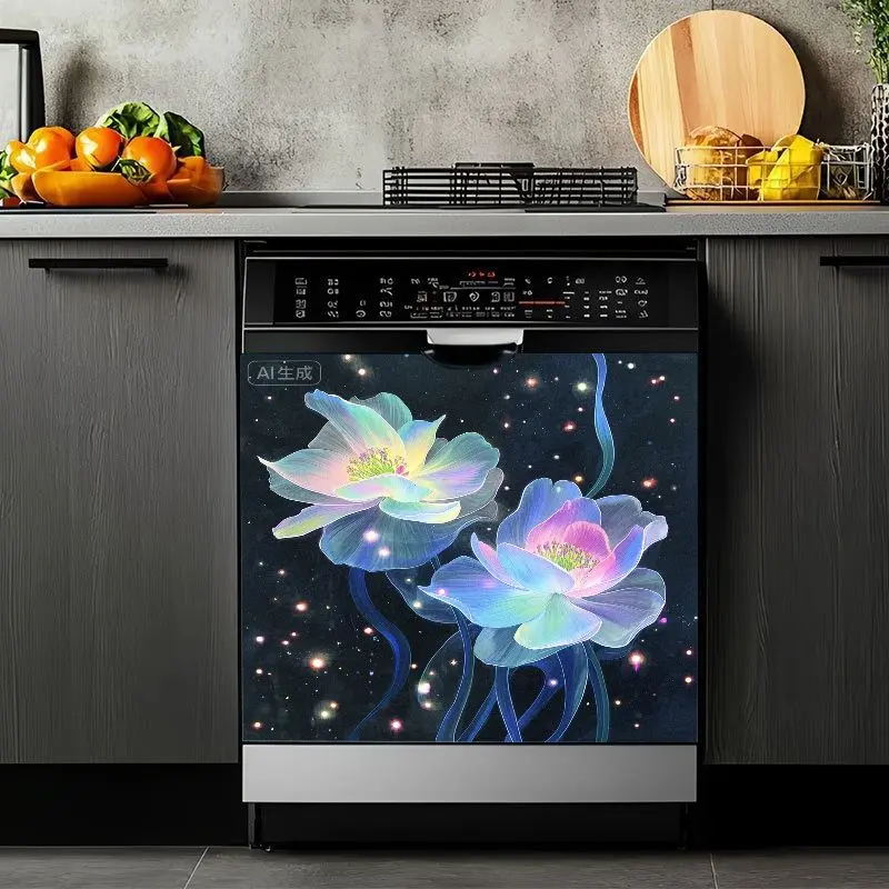 2D Flat 2Pcs Dishwasher Sticker Cosmic Luminous Lotus Flower Pattern Waterproof Removable Appliance Cover Decal Modern Kitchen Decor for Refrigerator Cabinet Door Furniture Home Decoration Washing Machine Mat