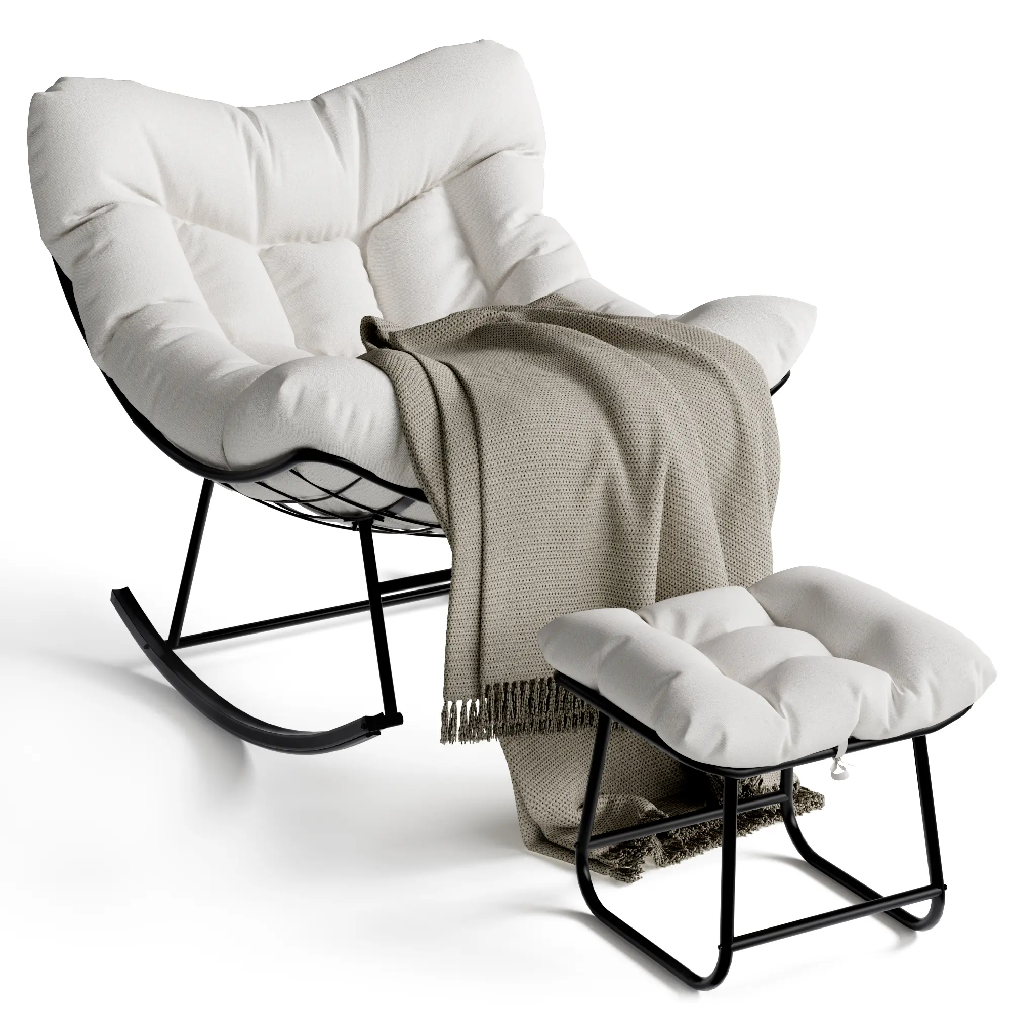 Oversized Patio Papasan Rocking Chair with Ottoman – 5" Thick Cushion, Heavy-Duty Metal & PE Wicker Frame, 350 lbs Capacity, Ergonomic Egg Lounge for Garden, Balcony, Living Room – Modern Black & White