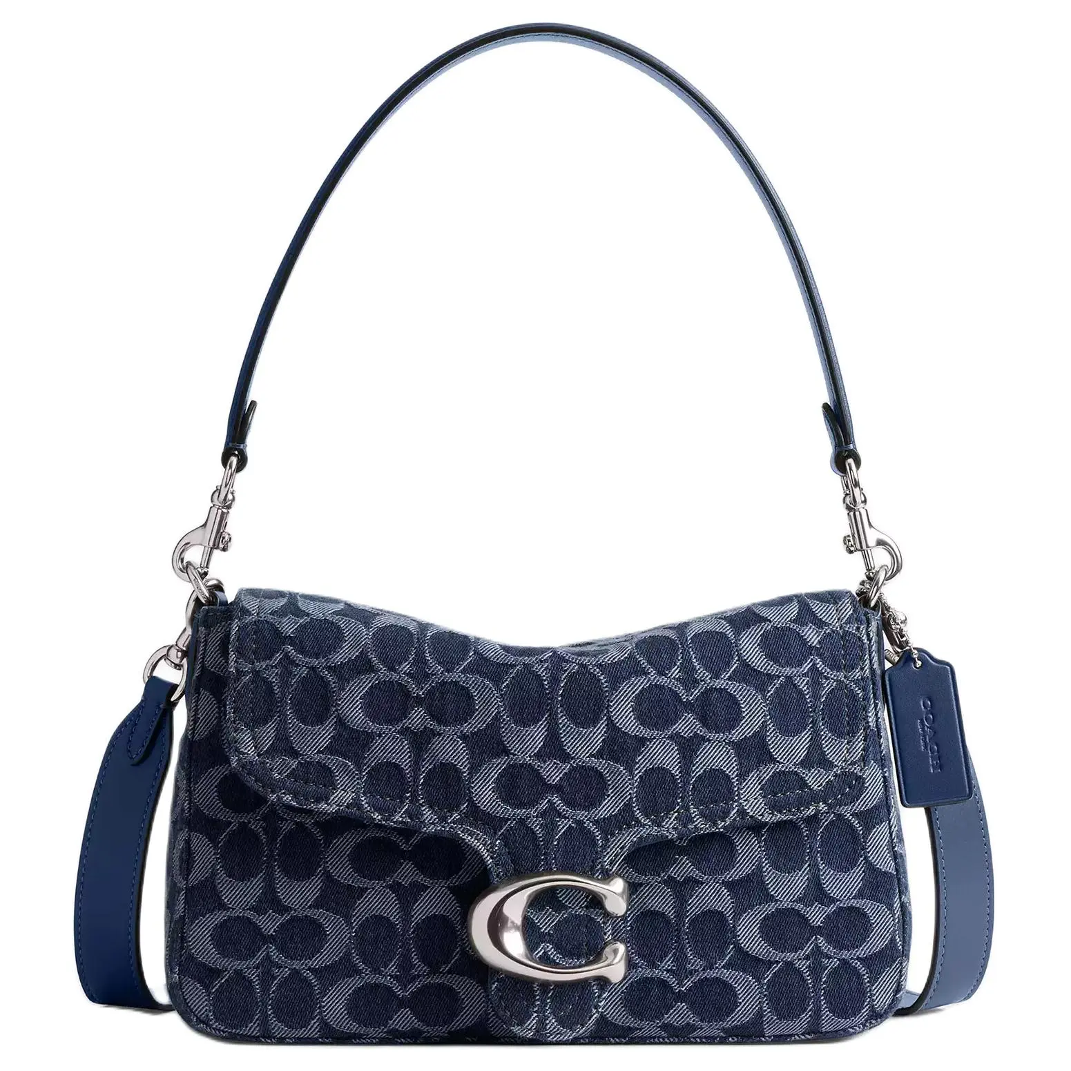 COACH Tabby 25 Detachable Strap Crossbody Bag for Women, Denim Style with Silver Logo Snap Closure, Midnight Blue