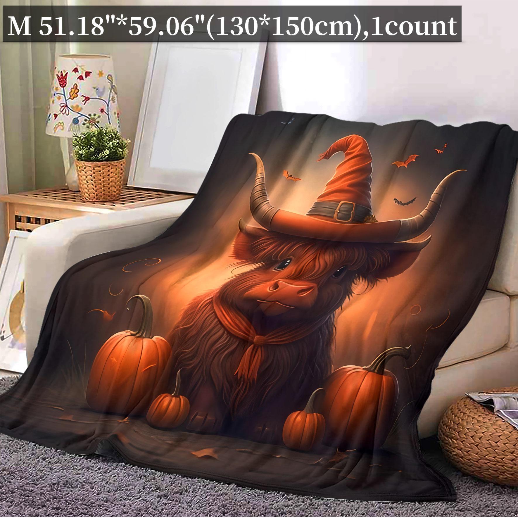 Cartoon Cow & Pumpkin Pattern Flannel Blanket, 1 Count Soft Throw Blanket, Bedroom Accessories, Warm Napping Blanket for Home Office Travel Camping, Christmas Decor, Christmas Accessories, Christmas Gifts, Christmas Decorations, Halloween